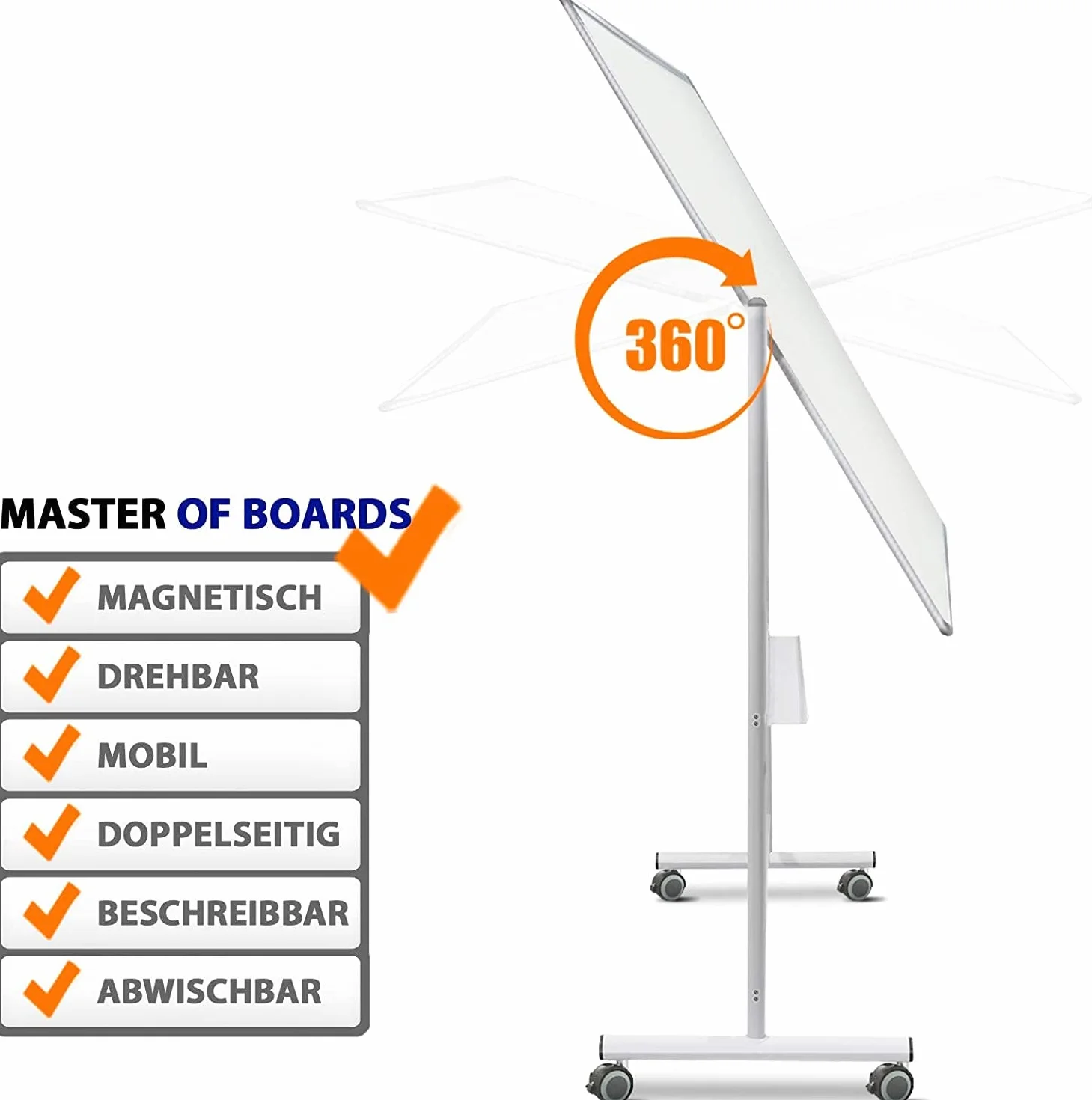 Master of Boards Tablica magnetyczna ze stojakiem, 120 x 220 cm, mobilna biała tablica na rolkach, dwustronna, obrotowa tablica na statyw, magnetyczna, do pisania, zwijana, łatwa do wycierania, z