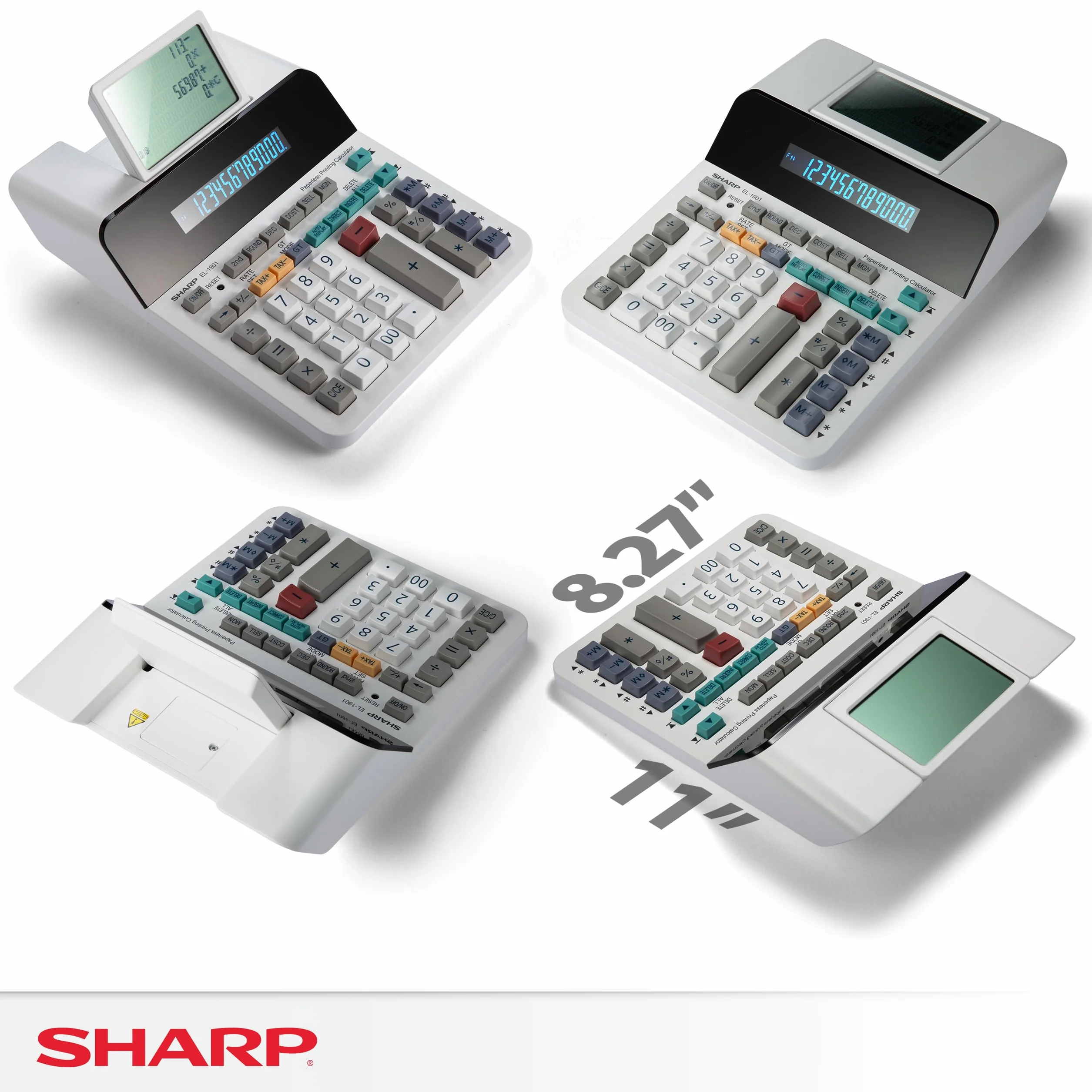 Sharp EL-1901 kalkulator biurkowy, 5-wierszowy wyświetlacz LCD, papier i atrament, biały