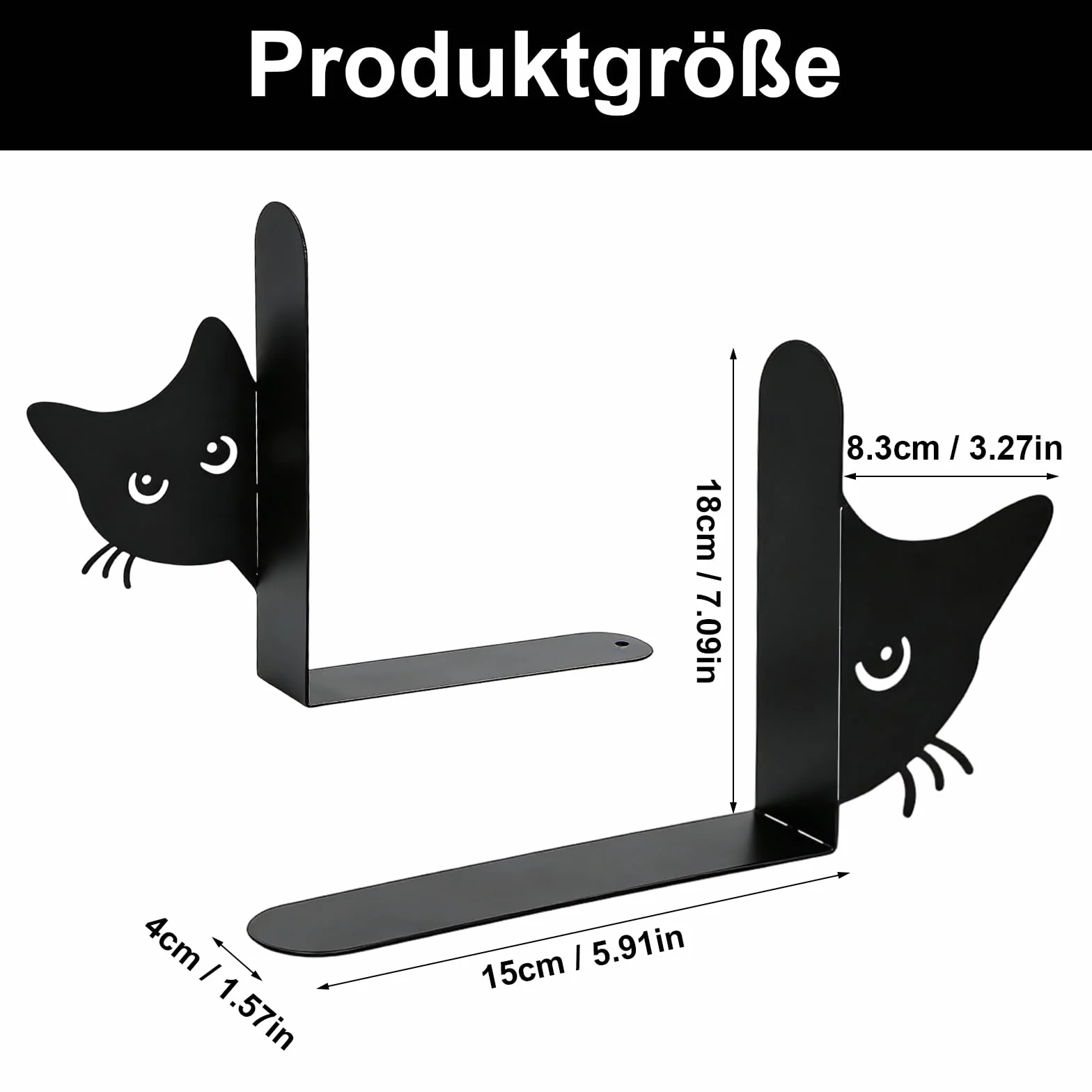Podpórki do książek w kształcie kota, metalowe, czarne, 2 sztuki, podpórka do książek dla dzieci, przestrzeń kosmiczna, kreatywny stojak na książki dla kotów 15 x 18 cm (szerokość głowy kota 8,3