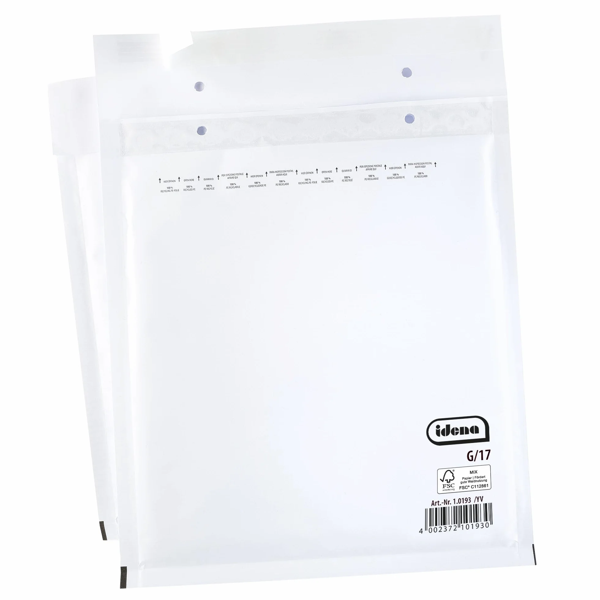 Idena 90562 – koperty bąbelkowe G/17, 10 sztuk o wymiarach 25 x 35 cm, koperty samoprzylepne, koperty wyściełane z papieru FSC Mix w kolorze białym