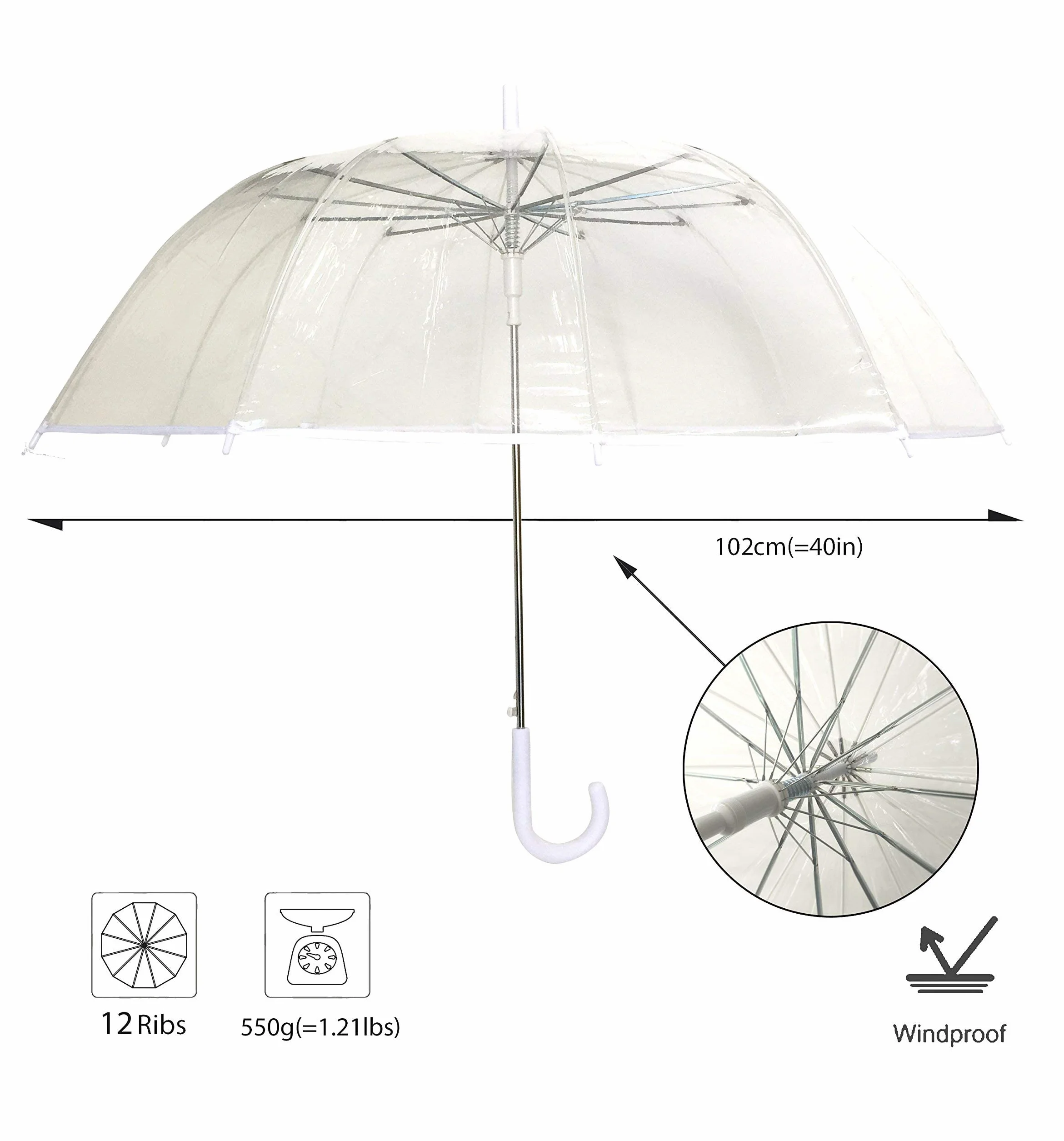 Duży parasol SMATI z przezroczystą laską - Wiatroodporny; 12 lasek z włókna szklanego; Średnica=40 cali; Automatyczne otwieranie; Parasol mieszany; Biały kolor obramowania.