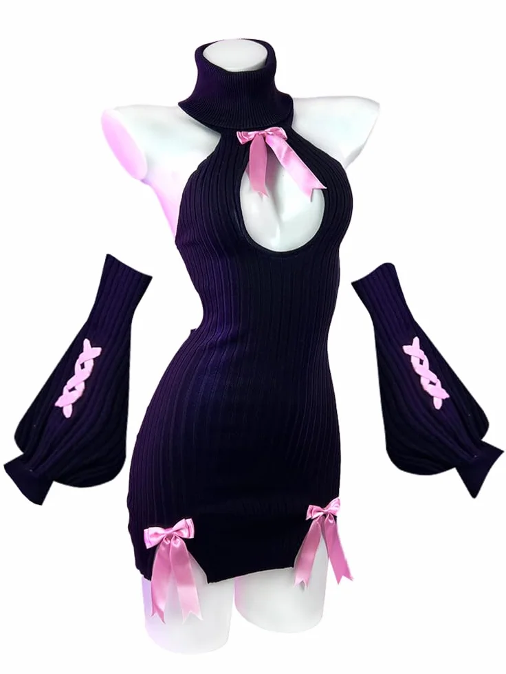 KORURACLUB Sweter z kokardą kostium (zestaw 3-częściowy) Premium pulower Cosplay Dessous sweter kokardkowy sukub bielizna