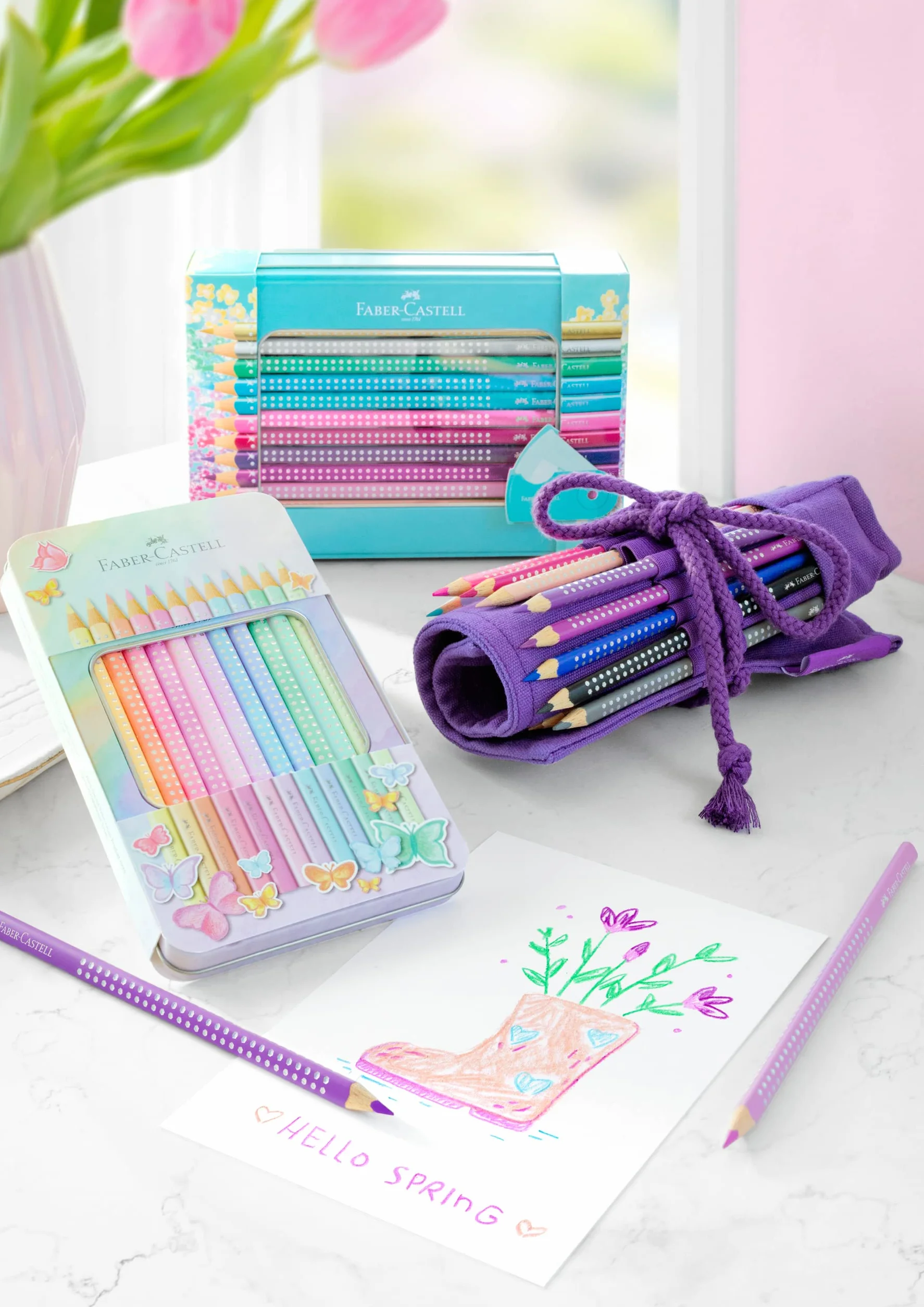 FABER-CASTELL 201910 – zestaw kredek Sparkle Pastel, 12 sztuk, w metalowym etui, trójkątne, odporne na złamania