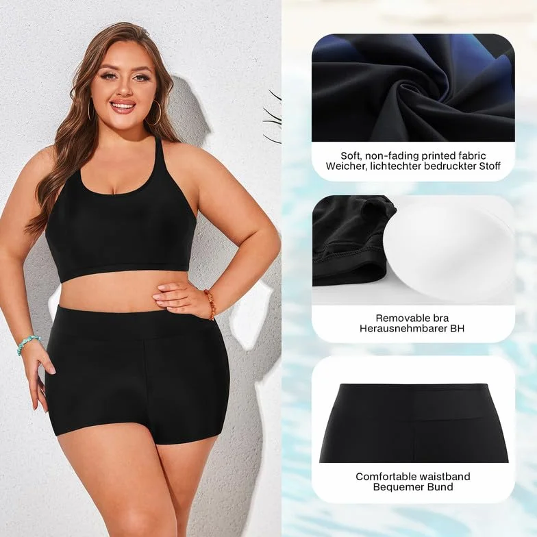 Hanna Nikole Tankini damski, sportowy, duże rozmiary, trójczęściowy, z wyciętym zbiornikiem, górna część z szortami typu push up, kostium kąpielowy damski