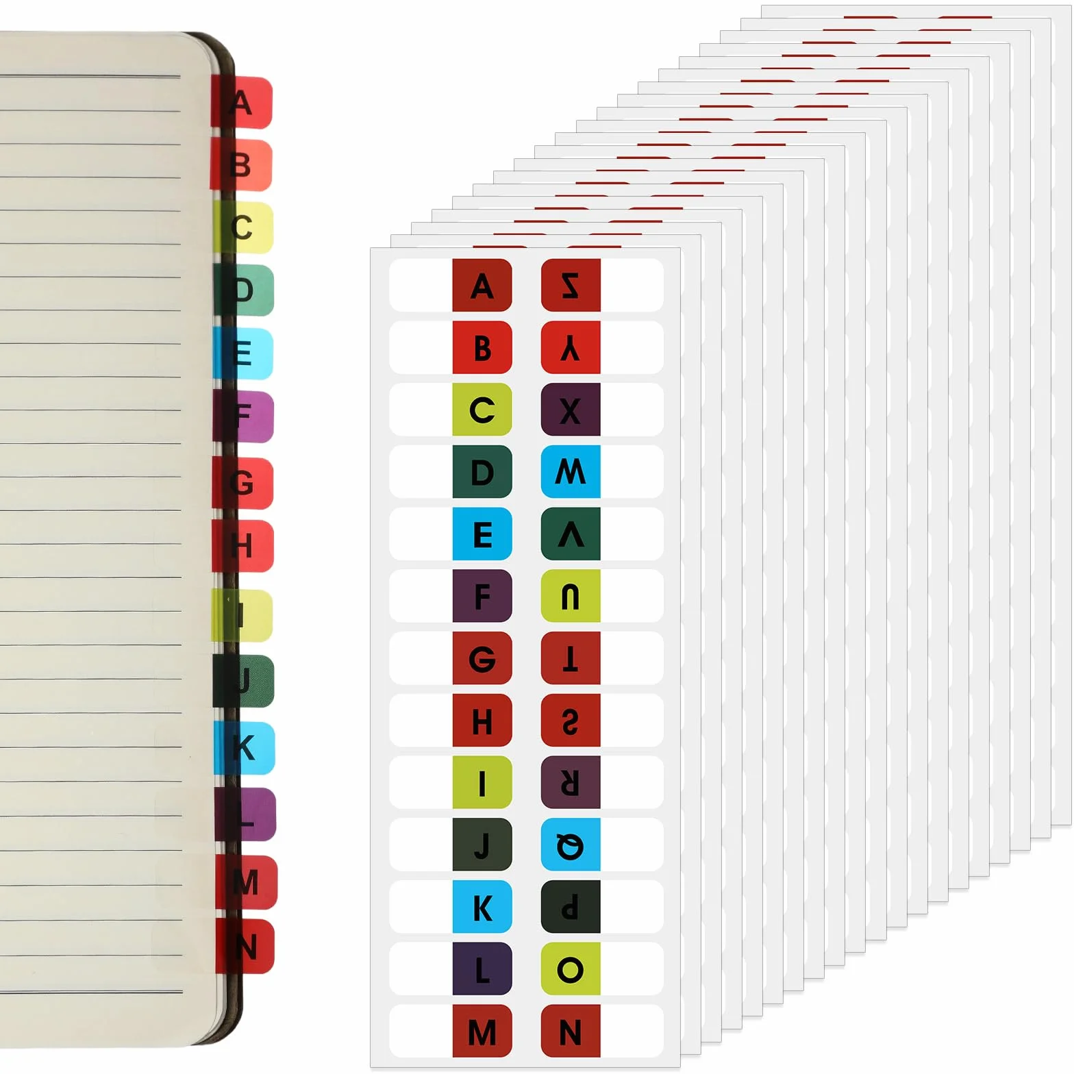 20 arkuszy samoprzylepnych zakładek do notebooków, samoprzylepne zakładki alfabetu A-Z, zakładki indeksowe, wielokolorowe zakładki indeksowe alfabetu, samoprzylepne zakładki alfabetyczne do