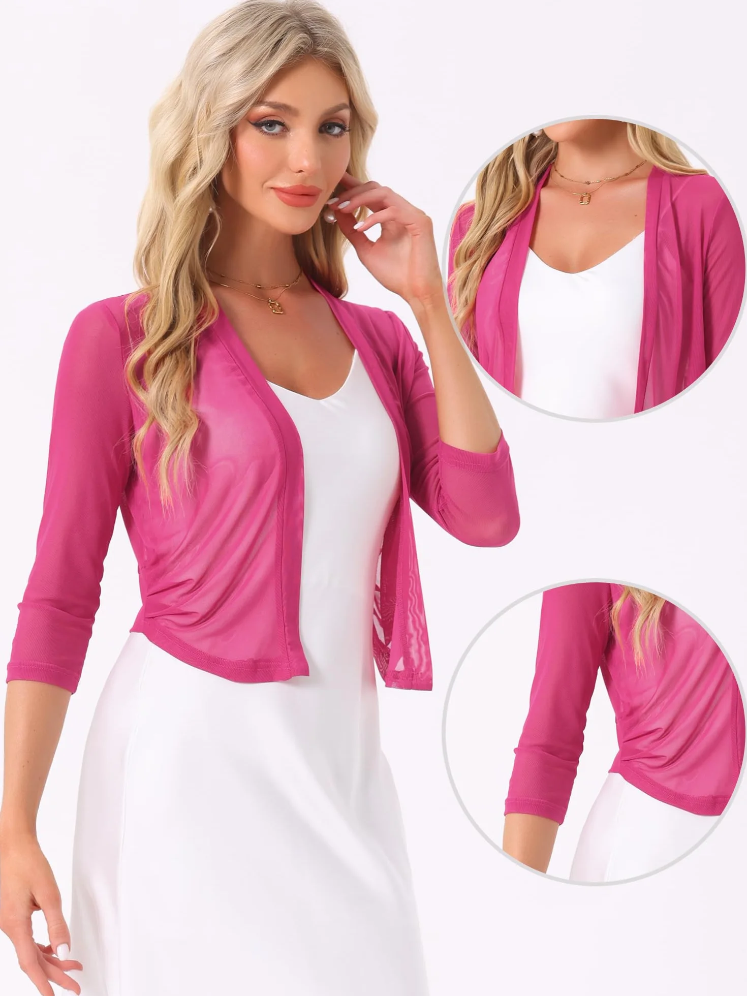 Allegra K Sheer Mesh Bolero Shrug dla kobiet elegancki rękaw 3/4 lekki przycięty kardigan