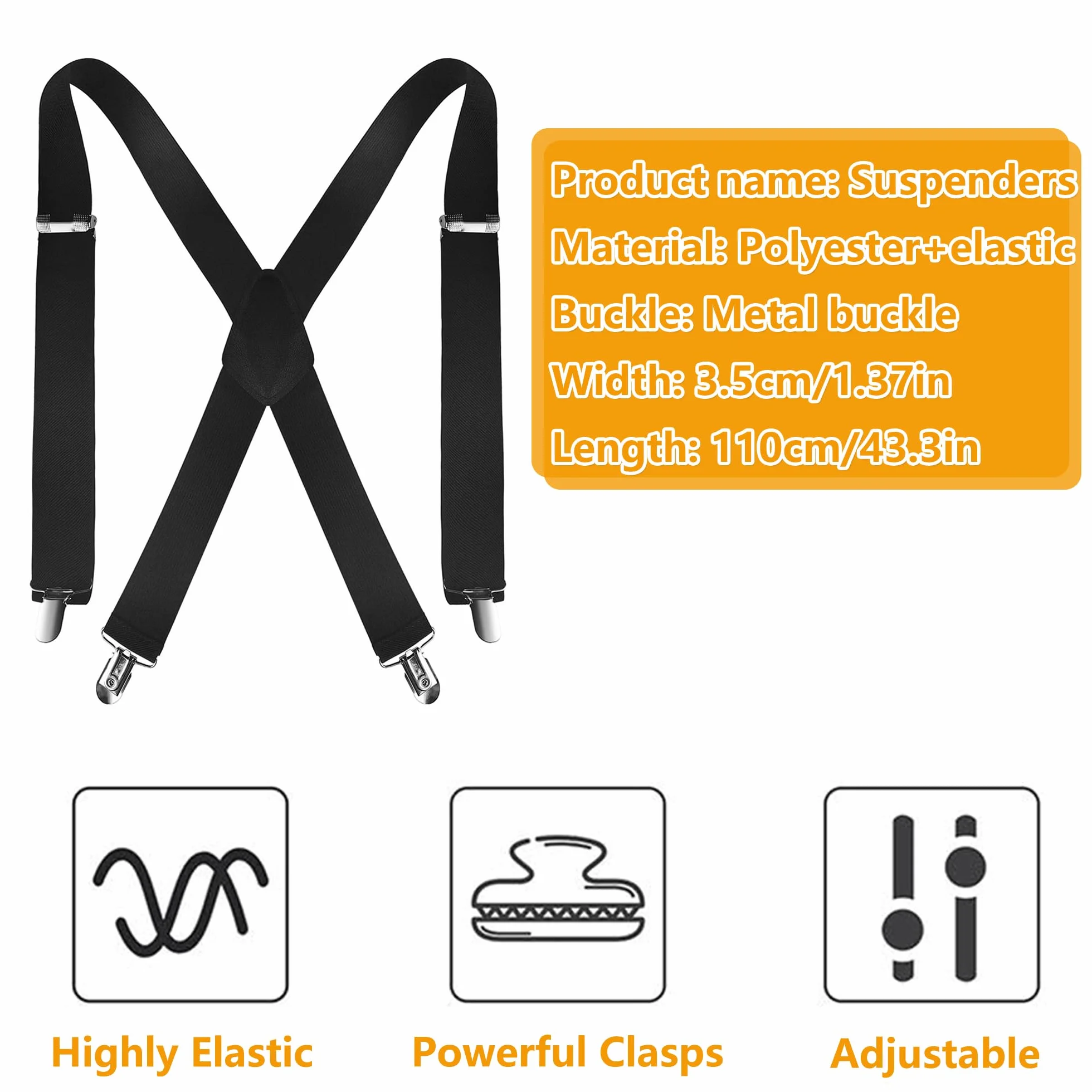 Laeeyin Męskie szelka, szerokość 3,5 cm, mocne 4 metalowe klipy, rozmiar uniwersalny, regulowane i elastyczne szelki X-shape