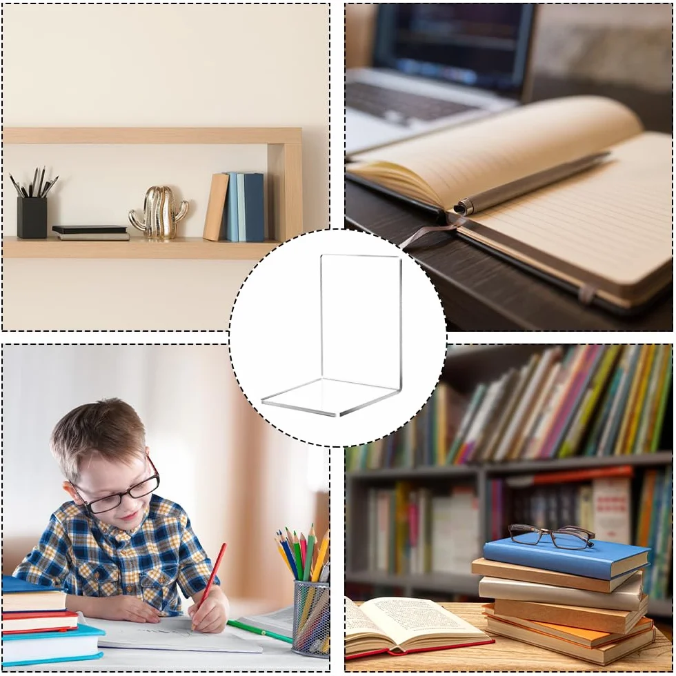 4 szt. Klamra do książek,akrylowe przezroczyste półki na książki, odpowiednie do szkoły, domu, biura, biblioteki, sypialni i organizacji biurka (12.5x12.5x18cm)