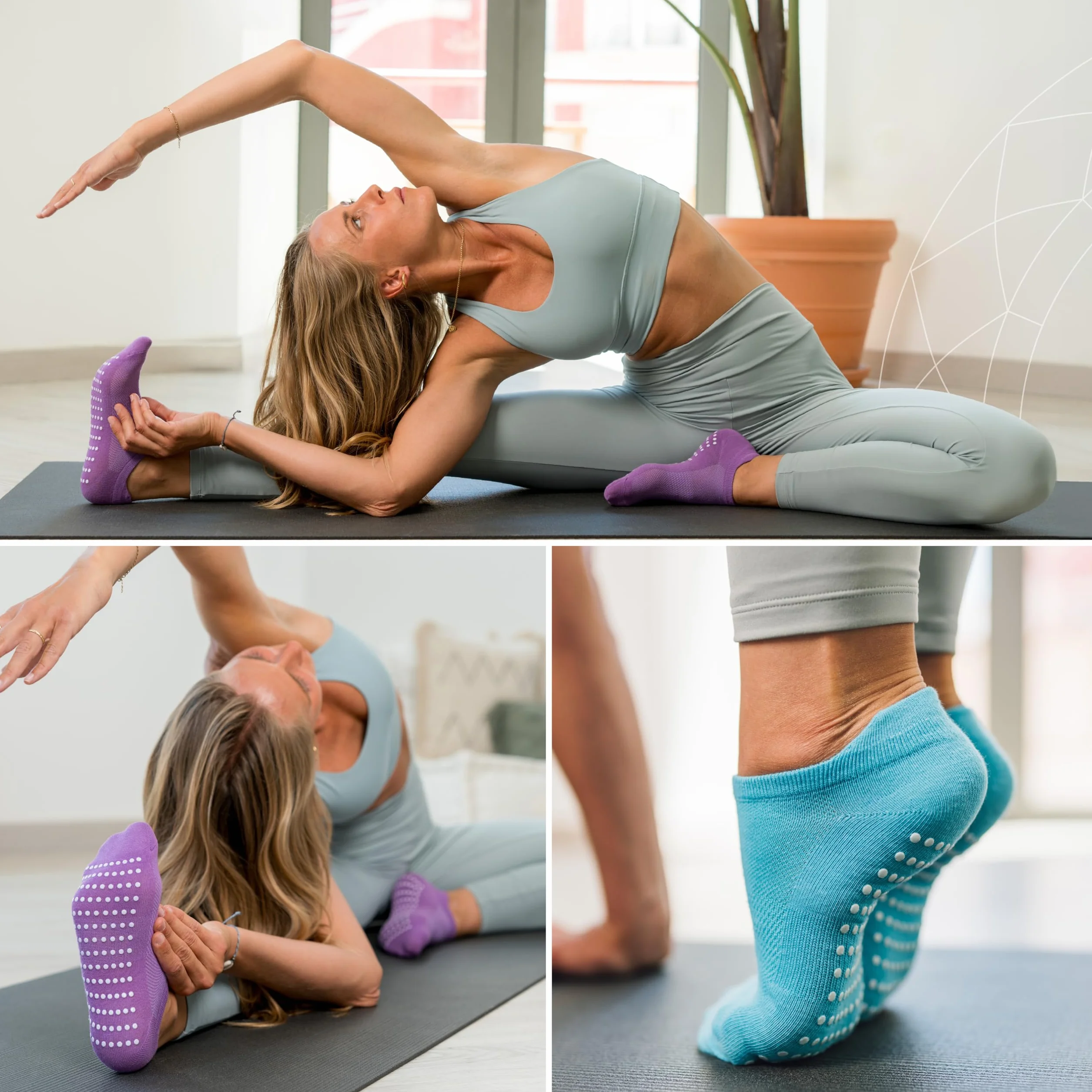 All Things Accessory 3 x opakowanie skarpet do jogi i pilatesu, do ćwiczeń walki, fitnessu, zumby, tańca, antypoślizgowe, do uprawiania sportu, unisex, z chwytem, UK 6-11 / EU 39-46 (niebieski/różowy/fioletowy)