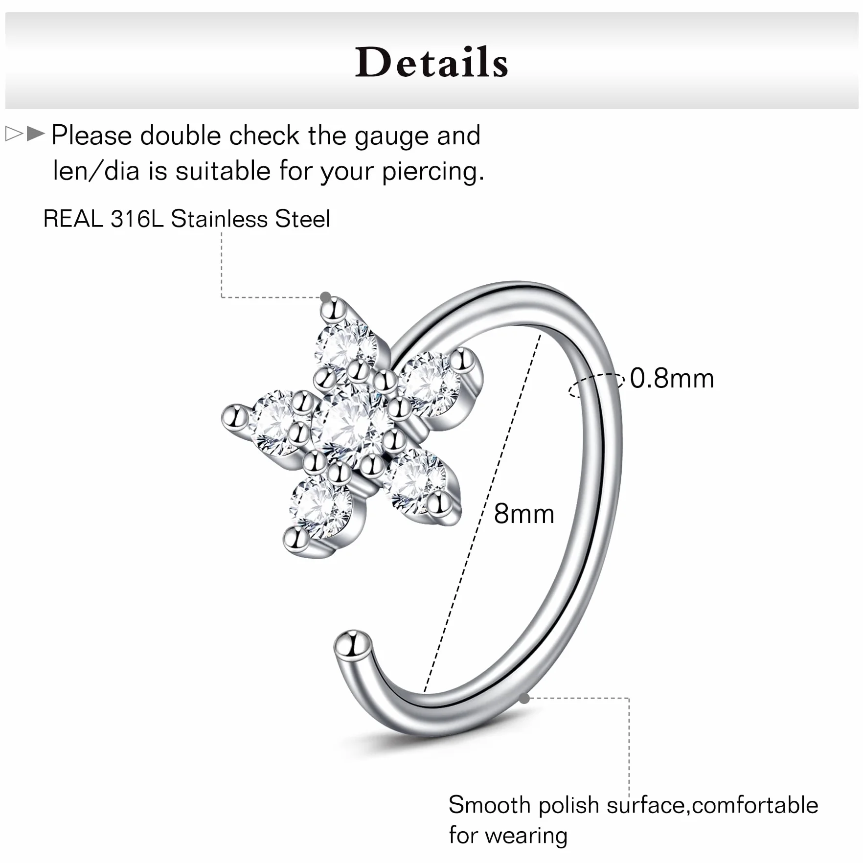 FECTAS Pierścionek do nosa 20 g, srebrny, złoty, czarny, kolczyk do nosa, 8 mm, 10 mm, 12 mm, hipoalergiczny kolczyk do nosa ze stali nierdzewnej, grubość 0,8 mm, 7 mm, kolczyk do nosa z cyrkonią