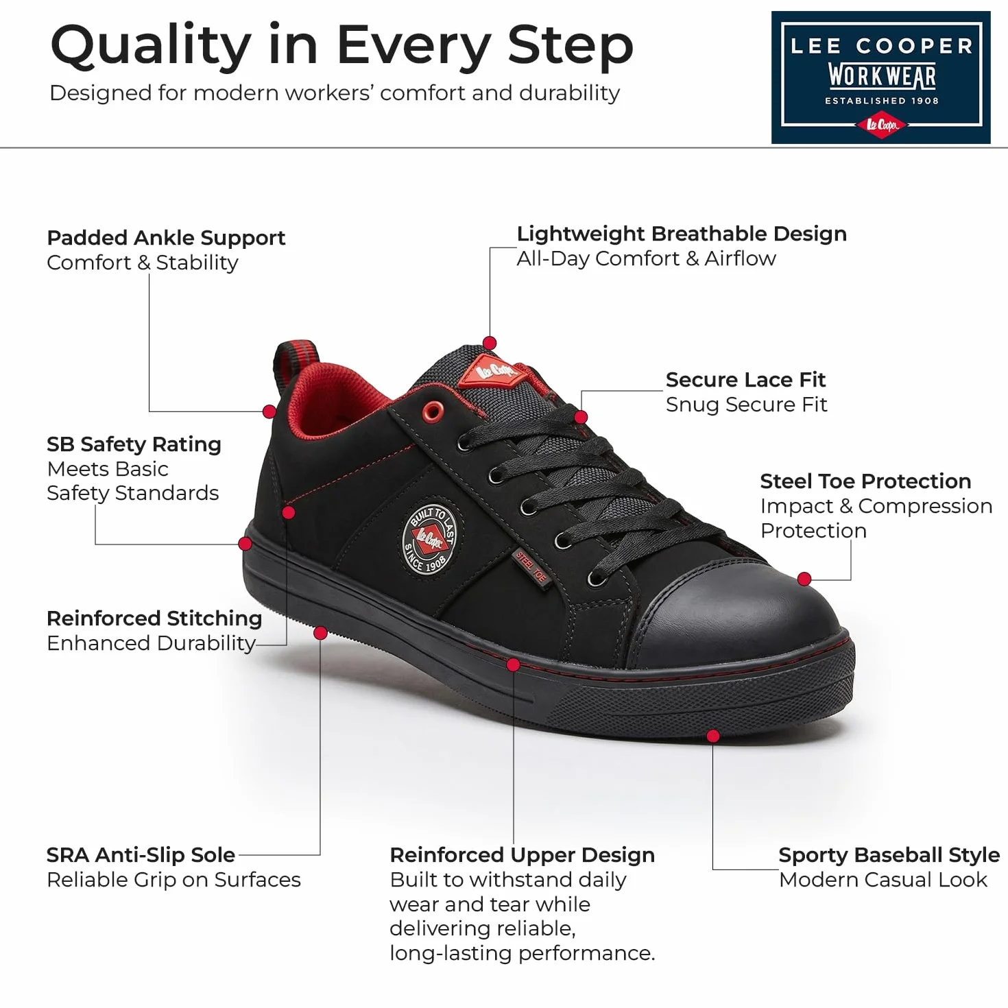 Lee Cooper ‎LCSHOE054 Unisexowe obuwie ochronne robocze SB/SRA w stylu retro baseball nowoczesny design buty robocze BHP, Czarny, 36 EU