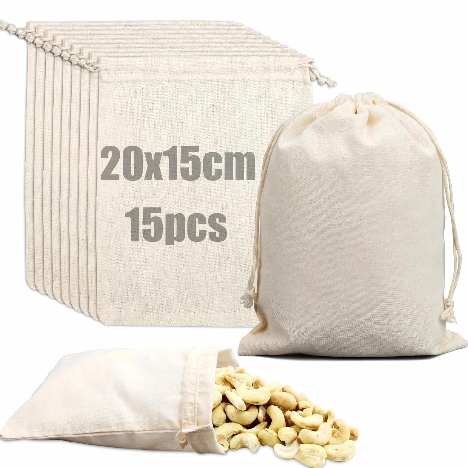 Bawełniana torebka 20 x 15 cm - 15 sztuk woreczków z tkaniny lnianej, mała torebka bawełniana ze sznurkiem do ściągania, torba wielokrotnego użytku, prezent, biżuteria, kawa, prezent, ślub,