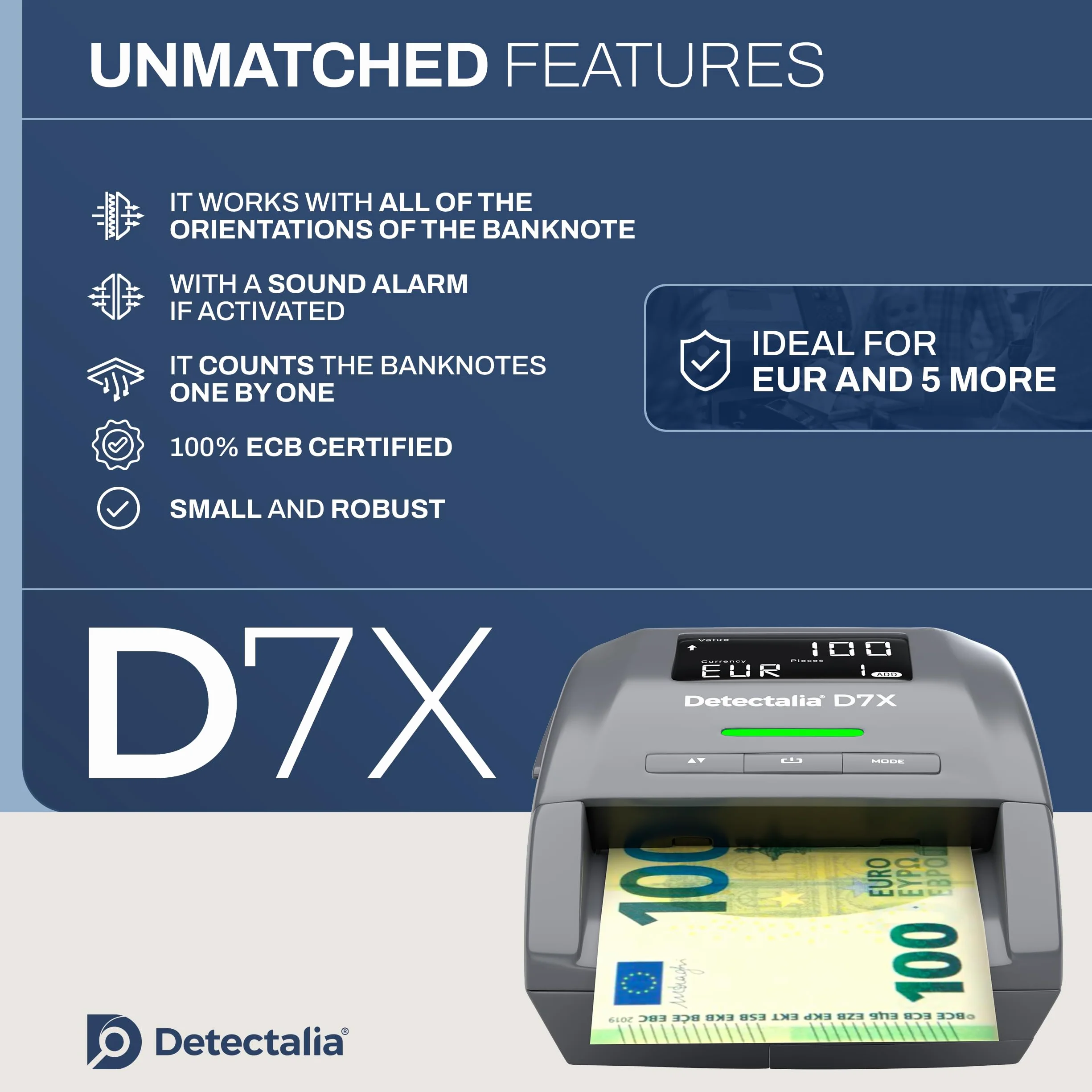 Detectalia D7X tester banknotów i maszyna do liczenia banknotów – urządzenie do testowania fałszywych banknotów z 7 kontrolami rozpoznawania euro, gbp, chf, pln, czk i sek