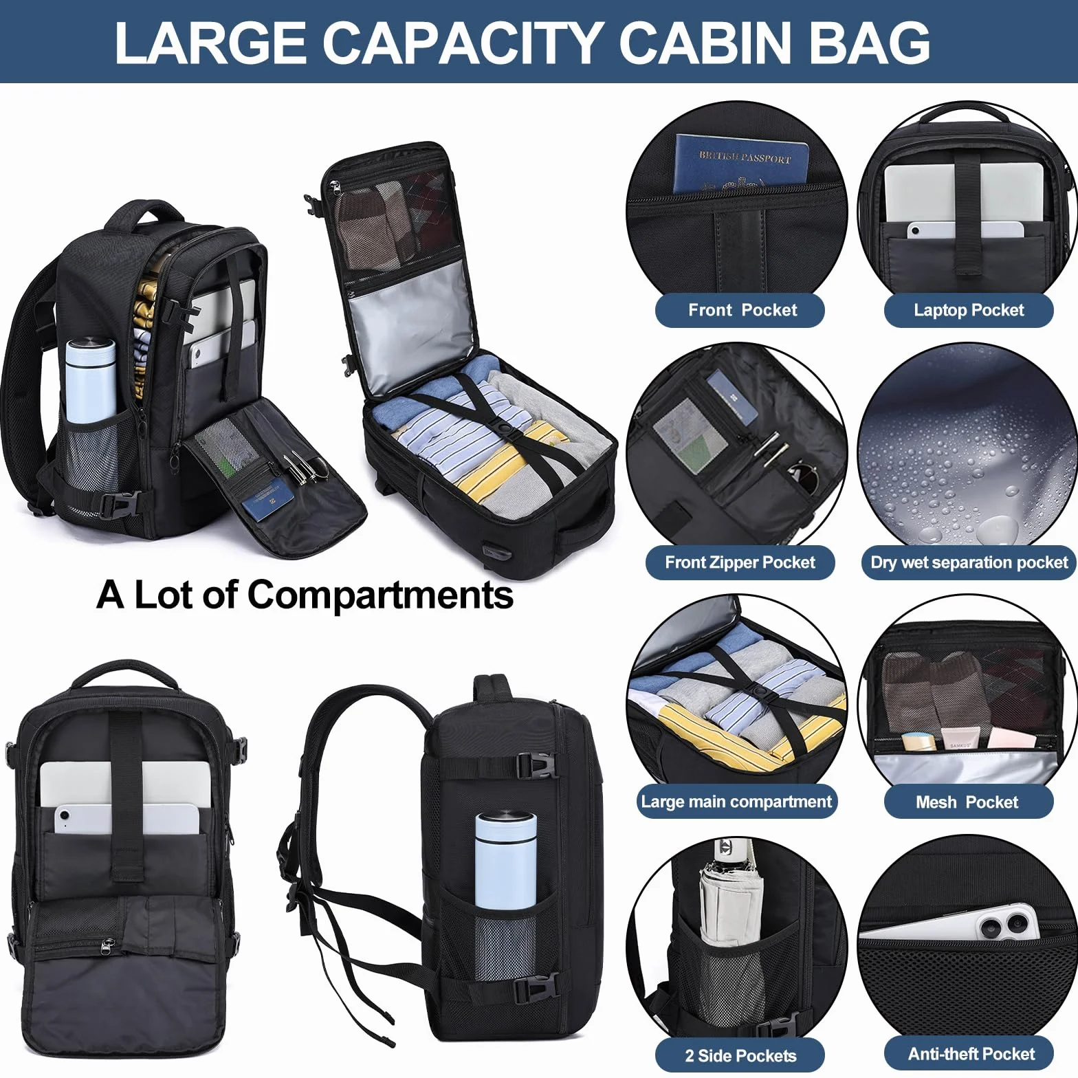 Torby kabinowe pod siedzenie, plecak podróżny, rozmiar kabiny, plecak do samolotu, bagaż podręczny, torba do samolotu, torba lotnicza z portem ładowania USB, Czarny-S, Ryanair 40x20x25cm(20L), Casual