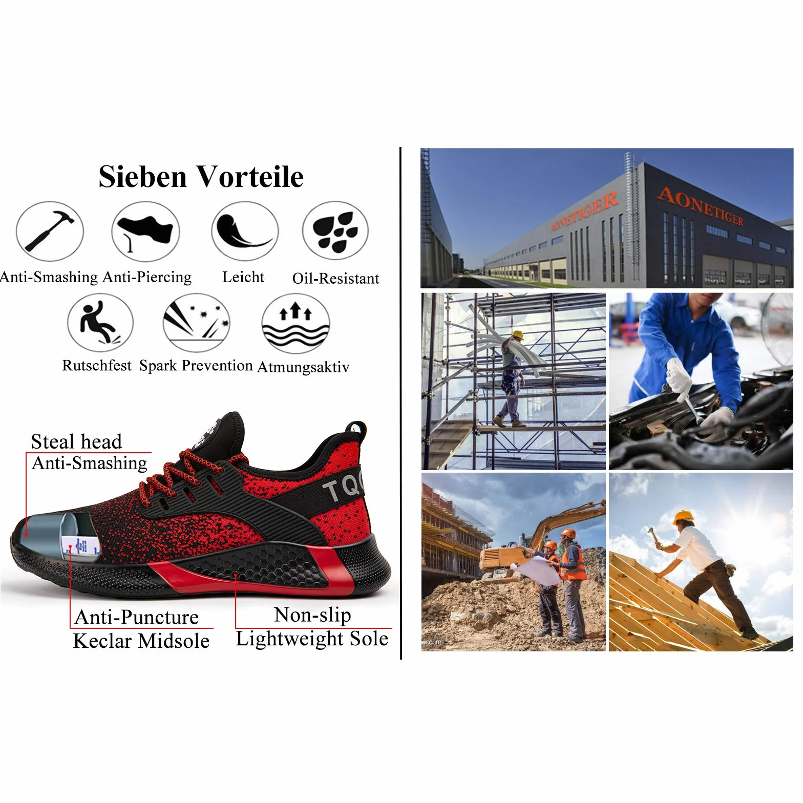 AONETIGER Buty ochronne dla mężczyzn i kobiet, lekkie buty robocze, stalowy nosek, sportowe, oddychające, antypoślizgowe, 8195 czerwony, 42 EU