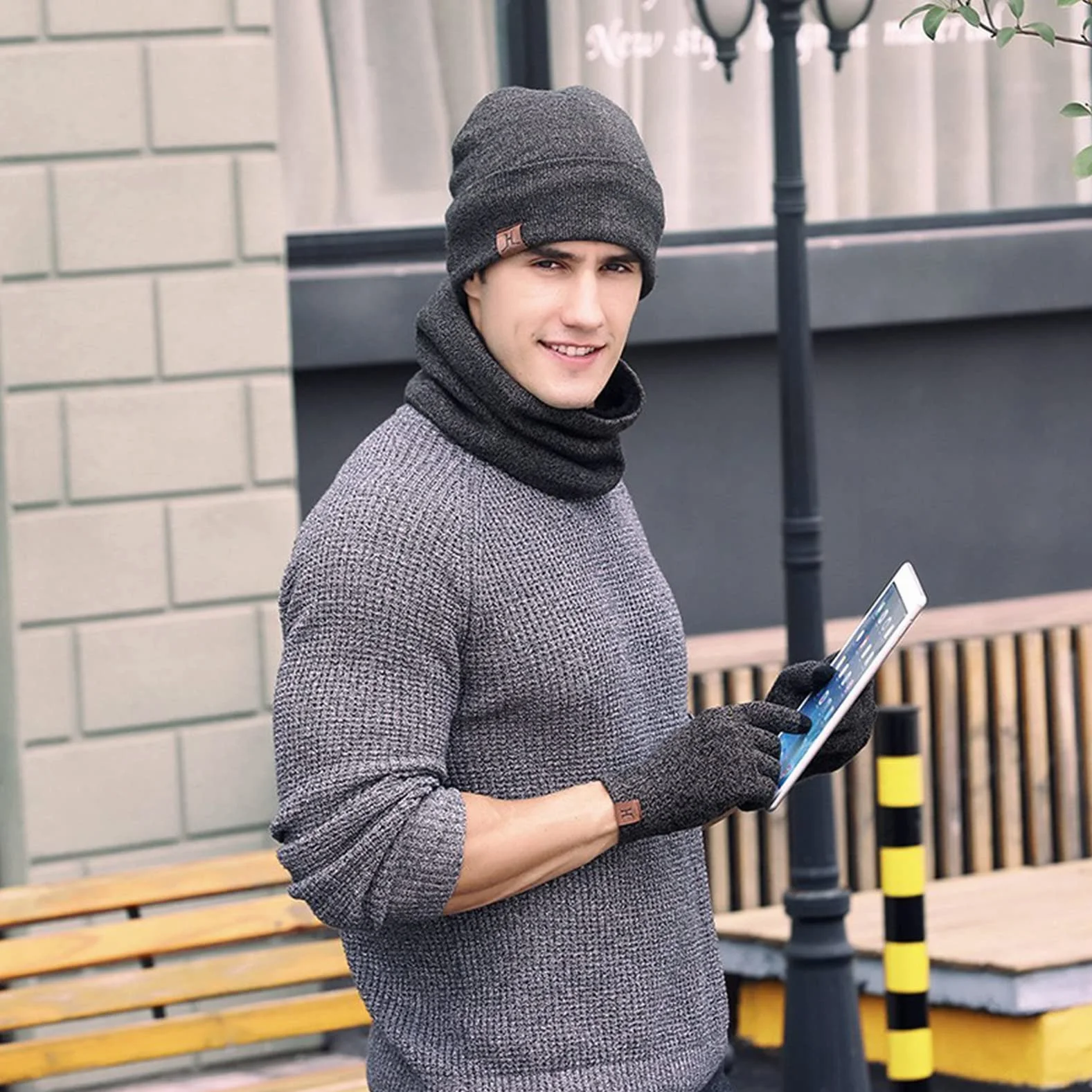 Komplet czapka szalik rękawiczki dla mężczyzn i kobiet, na zimę, z dzianiny, termiczny beanie, snood i rękawiczki z ekranem dotykowym, miękka podszewka z polaru, czapka zimowa dla mężczyzn i