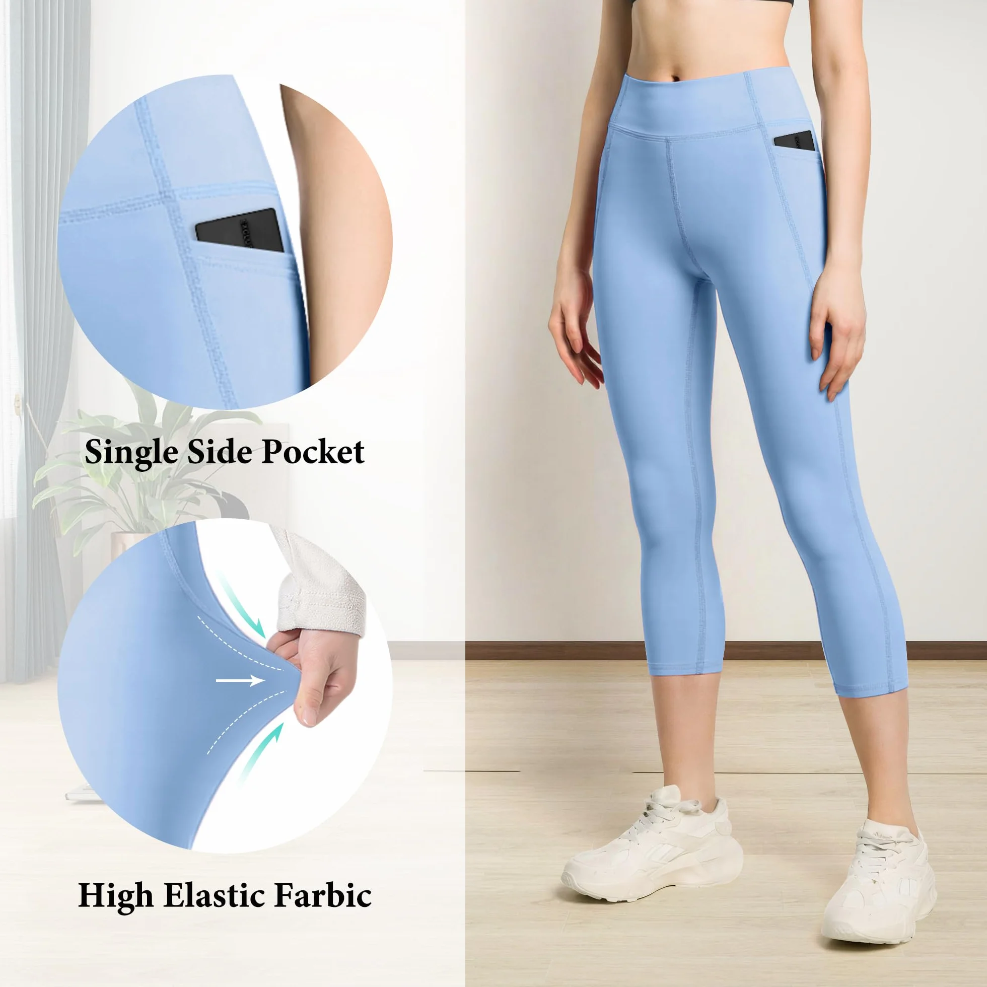 JinBei Legginsy sportowe dla dziewcząt, Capri 3/4, spodnie sportowe z kieszeniami, wysoka talia, legginsy do jogi, spodnie treningowe, długość do kolan, spodnie do biegania, elastyczne, jednokolorowe