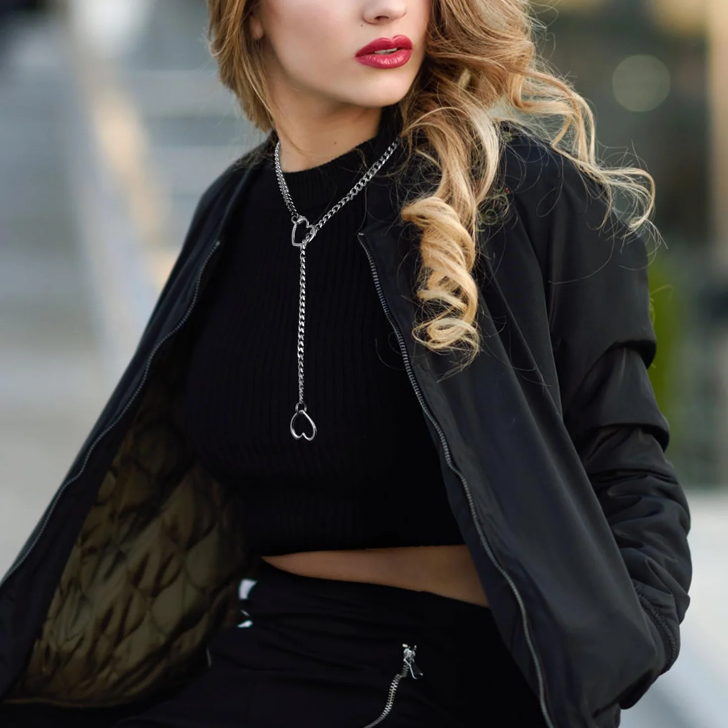 Naszyjnik z Serduszkiem, Regulowany Y Gruby Lancuszek z Kolnierzem Punk Rockowym Kubanski Choker Typu Slip Chain dla Kobiet Mezczyzn