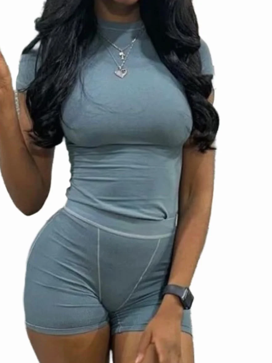 AYWA Two Piece Outfits for Women Fitted Crew Neck T-shirt High Waist Leggings Biker Shorts Matching Sets Streetwear (Blue Grey-shorts, Medium)