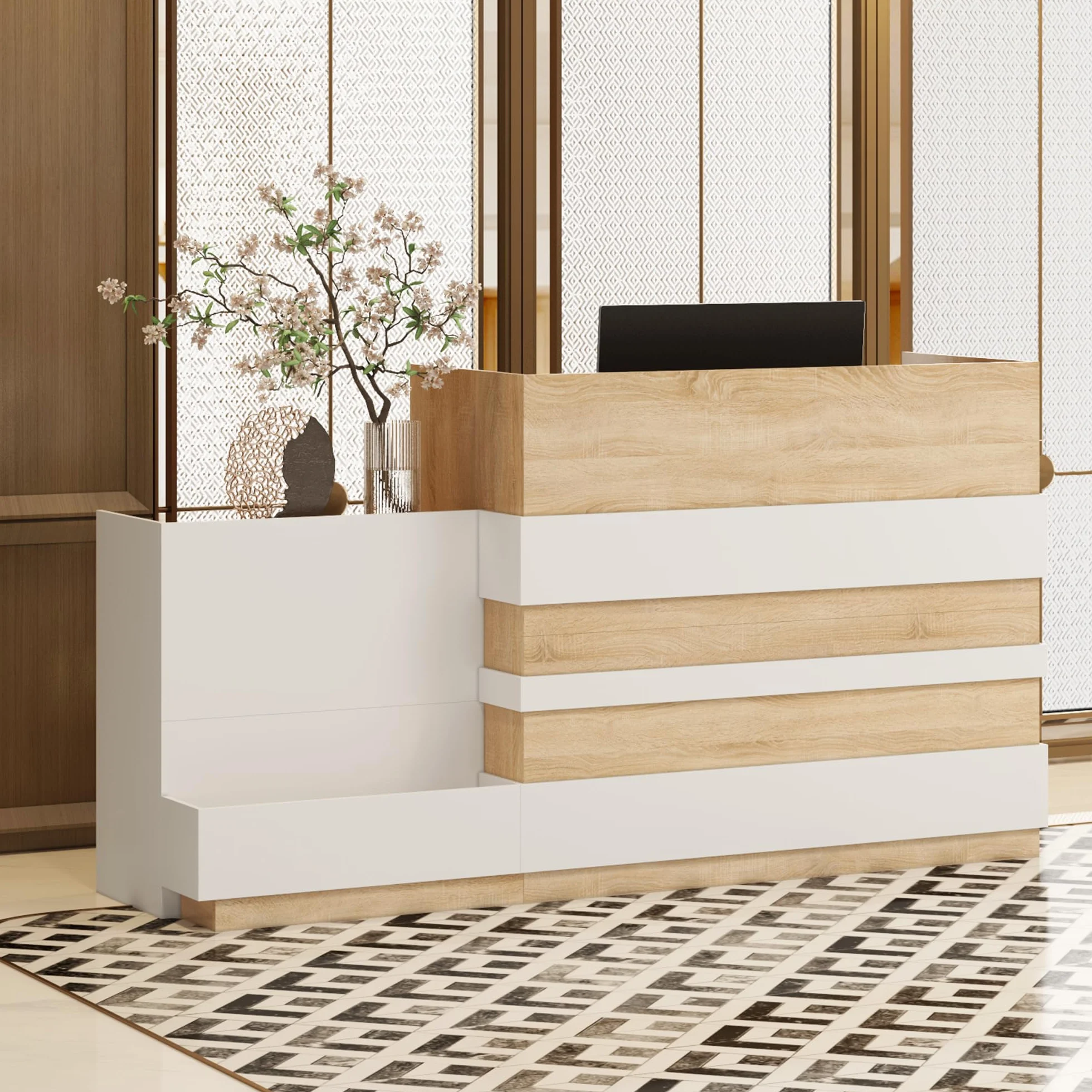 lada recepcyjna, recepcja, stół recepcyjny, stół recepcyjny, strefa recepcyjna, stół recepcyjny, mebel biurowy, 222 cm x 64 cm x 120 cm, biały + drewno dębowe