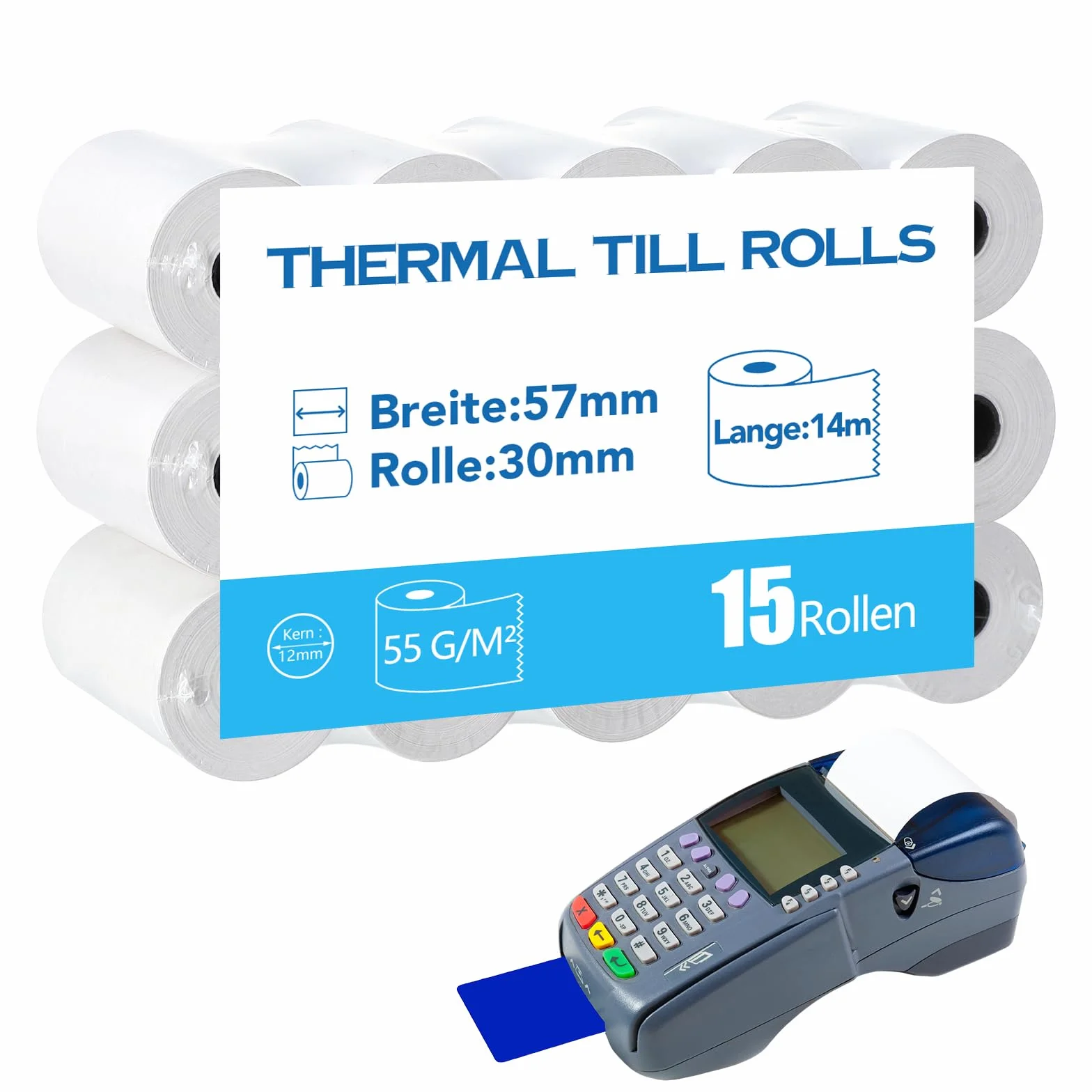 Rolki papieru termicznego EC, 15 rolek papieru termicznego 57 x 35 mm, rolki kasowe do czytników kart (14 m/rolki)