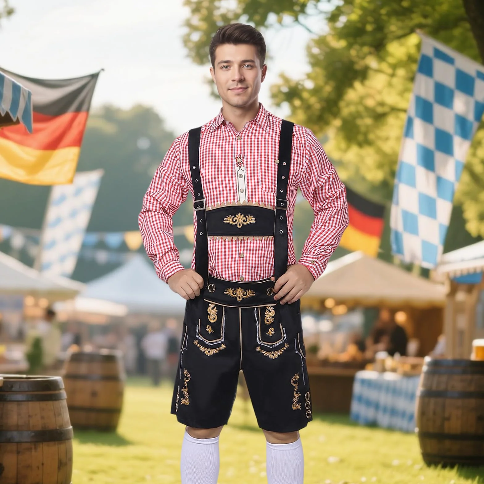 Strój męski na Oktoberfest, bawarski tradycyjny strój męski na Oktoberfest z tradycyjnymi skórzanymi spodniami, kapeluszem i skarpetkami na karnawałową imprezę cosplay (Czarny, L)