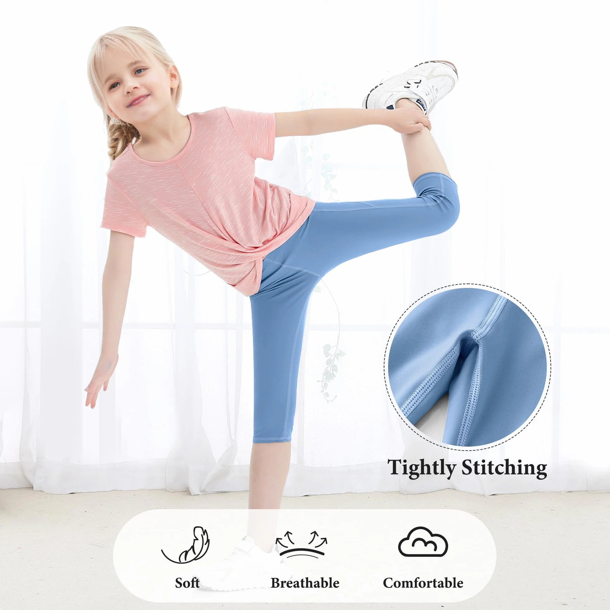 JinBei Legginsy sportowe dla dziewcząt, Capri 3/4, spodnie sportowe z kieszeniami, wysoka talia, legginsy do jogi, spodnie treningowe, długość do kolan, spodnie do biegania, elastyczne, jednokolorowe