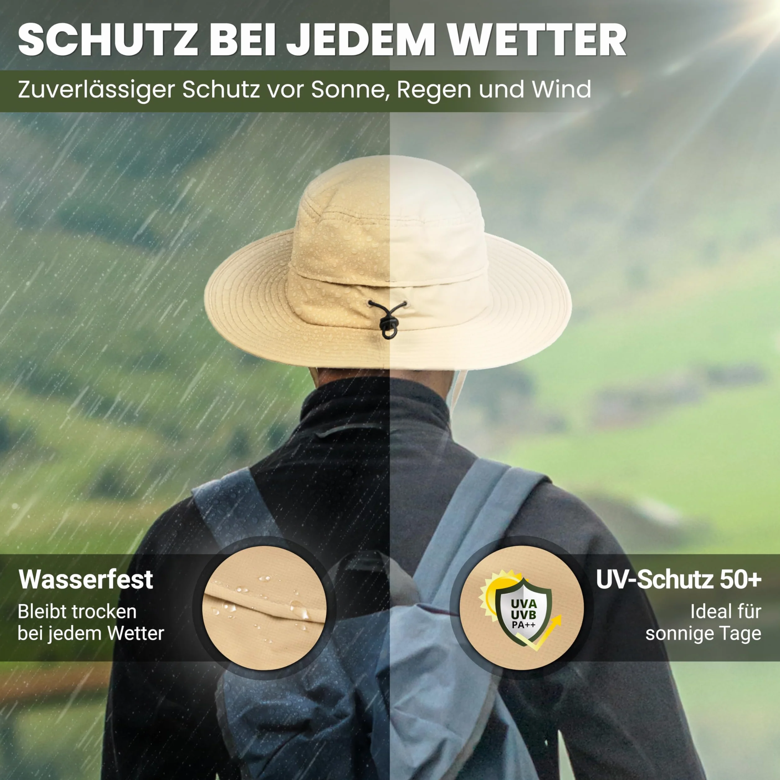 Alpenwert Zewnętrzny kapelusz przeciwsłoneczny i przeciwdeszczowy z ochroną UV UPF 50+, wodoszczelny, wiatroszczelny, regulowany pasek pod brodę – kapelusz wędkarski, kapelusz wędkarski, oddychający