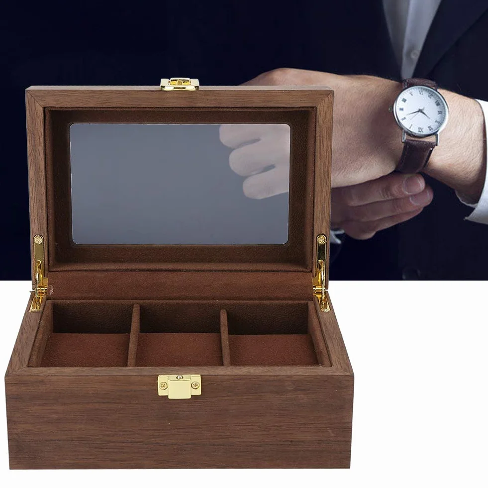 ZJchao Drewniany organizer do przechowywania zegarków, pudełko z czarnego orzecha z przezroczystą pokrywką, pudełko na 3 zegarki, eleganckie etui do przechowywania, trwały stojak na zegarki.