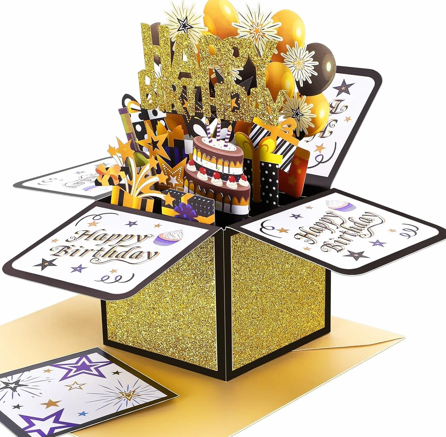Kartka urodzinowa, Kartka urodzinowa 3D Pop-Up Happy Birthday, Ręcznie składana kartka z kopertą, Prezent urodzinowy dla żony, dziewczyny, mężczyzn i przyjaciół – Czarne złoto 18x19CM