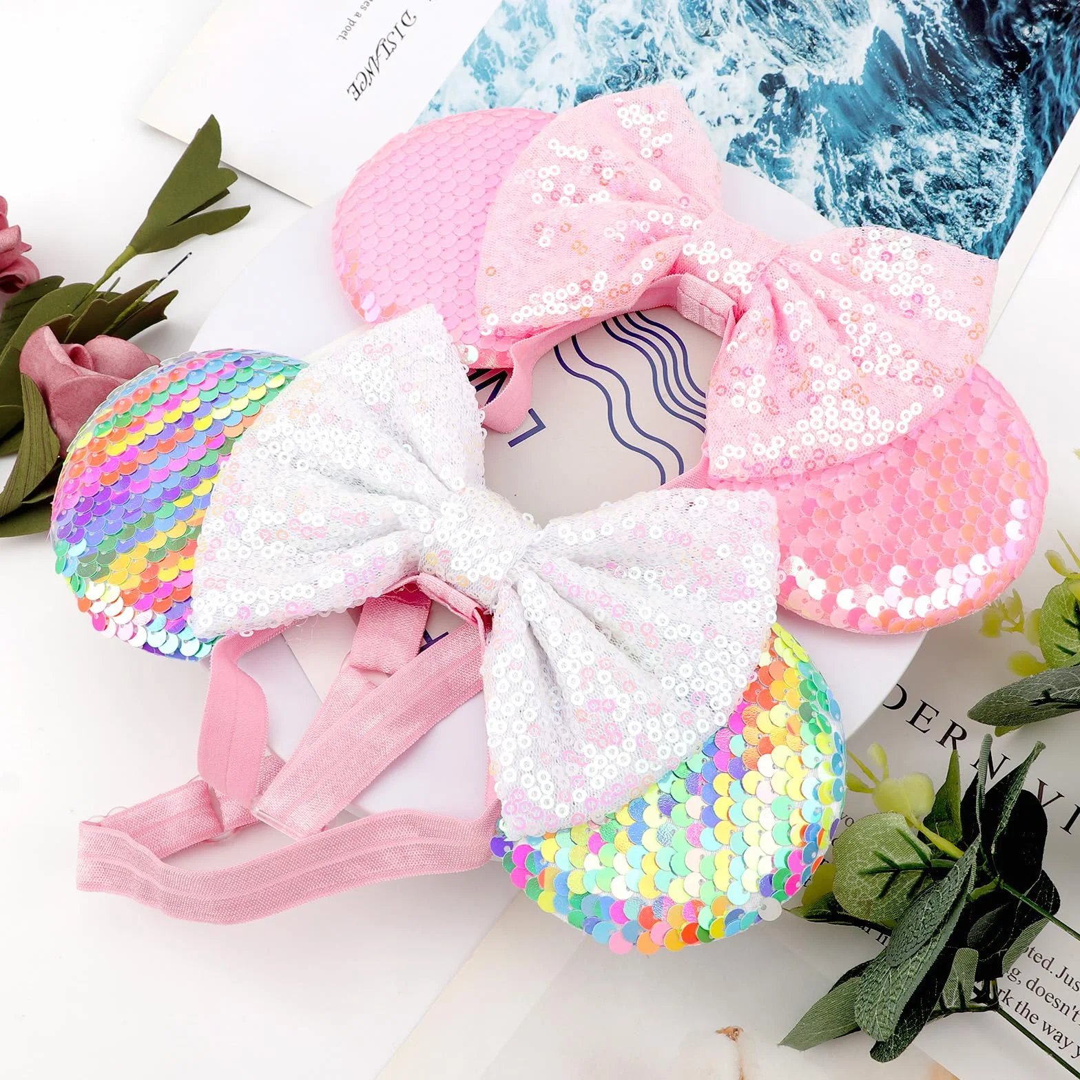 DRESHOW Minnie Uszy Opaski na Głowę Uszy Myszki Cekin Kokarda Opaski na Głowę Elastyczny Regulowany Opaska na Głowę Brokat Impreza Dekoracja Cosplay Kostium dla Kobiet 2 Adet: 28a-02