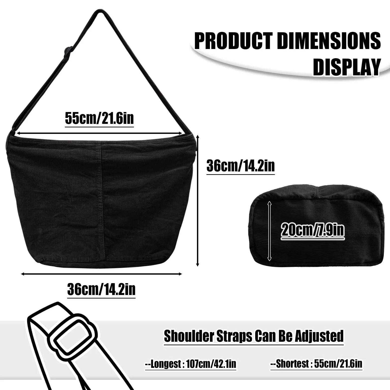 X SIM FITNESSX Unisex Cord torba na ramię duża damska torba na zakupy modna torba materiałowa na co dzień/do biura/szkoły/podróży, czarny, Retro