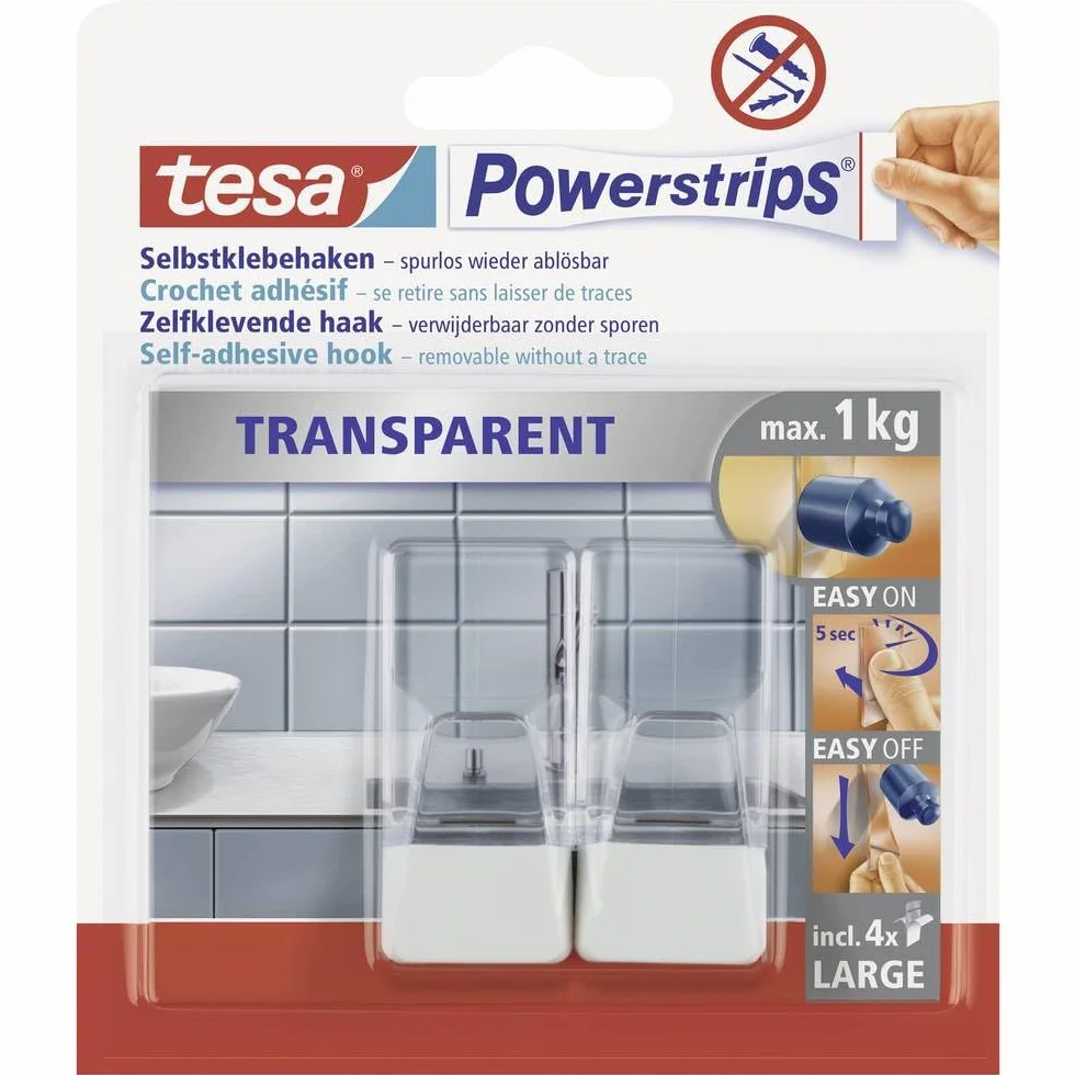 Tesa Haczyki Powerstrips, przezroczyste/białe, do maks. 1 kg, opakowanie z 2 haczykami