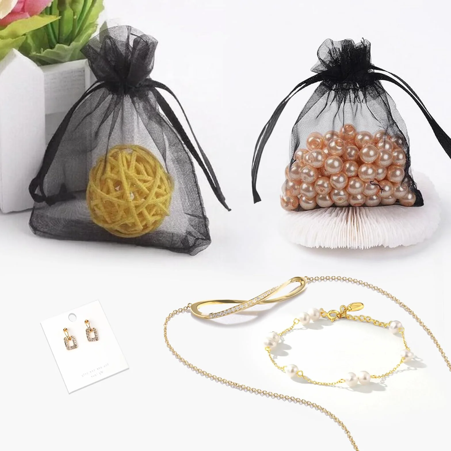 jijAcraft Woreczki z organzy ślubne czarne woreczki z organzy 10 x 15 cm, 50 sztuk ze sznurkiem, na słodycze, na biżuterię, torebki na prezenty weselne