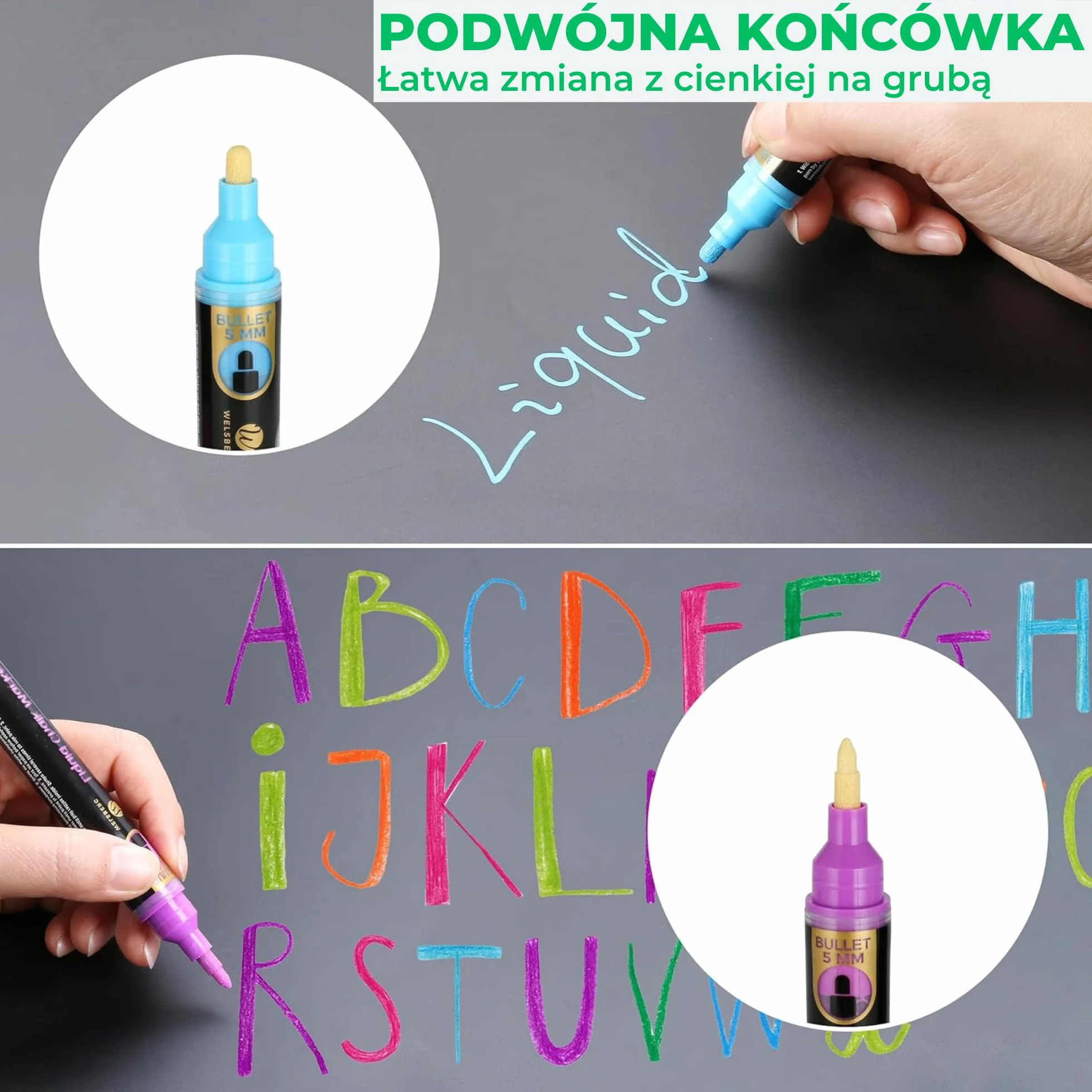 Płynne markery kredowe, 8 pisaki kredowe sucho- i mokrościeralne do tablic, okien, szkła, wymazywalny tusz, 5 mm dwustronna końcówka, tusz jumbo - do szkoły, biura, domu
