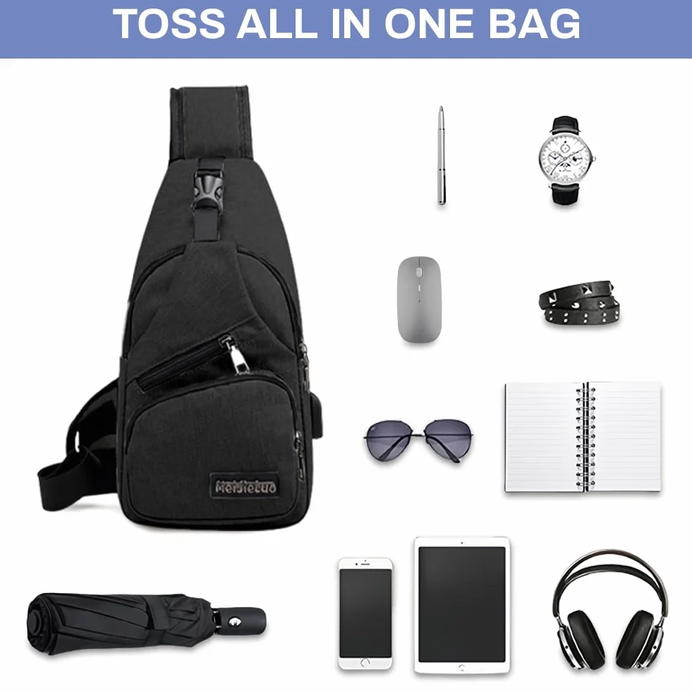 Aucuu Torba antykradzieżowa dla mężczyzn, lekka torba na ramię, torba na klatkę piersiową z ładowaniem przez USB, tkanina Oxford, torba crossbody, torba na ramię, do uprawiania sportu, pracy, jazdy na