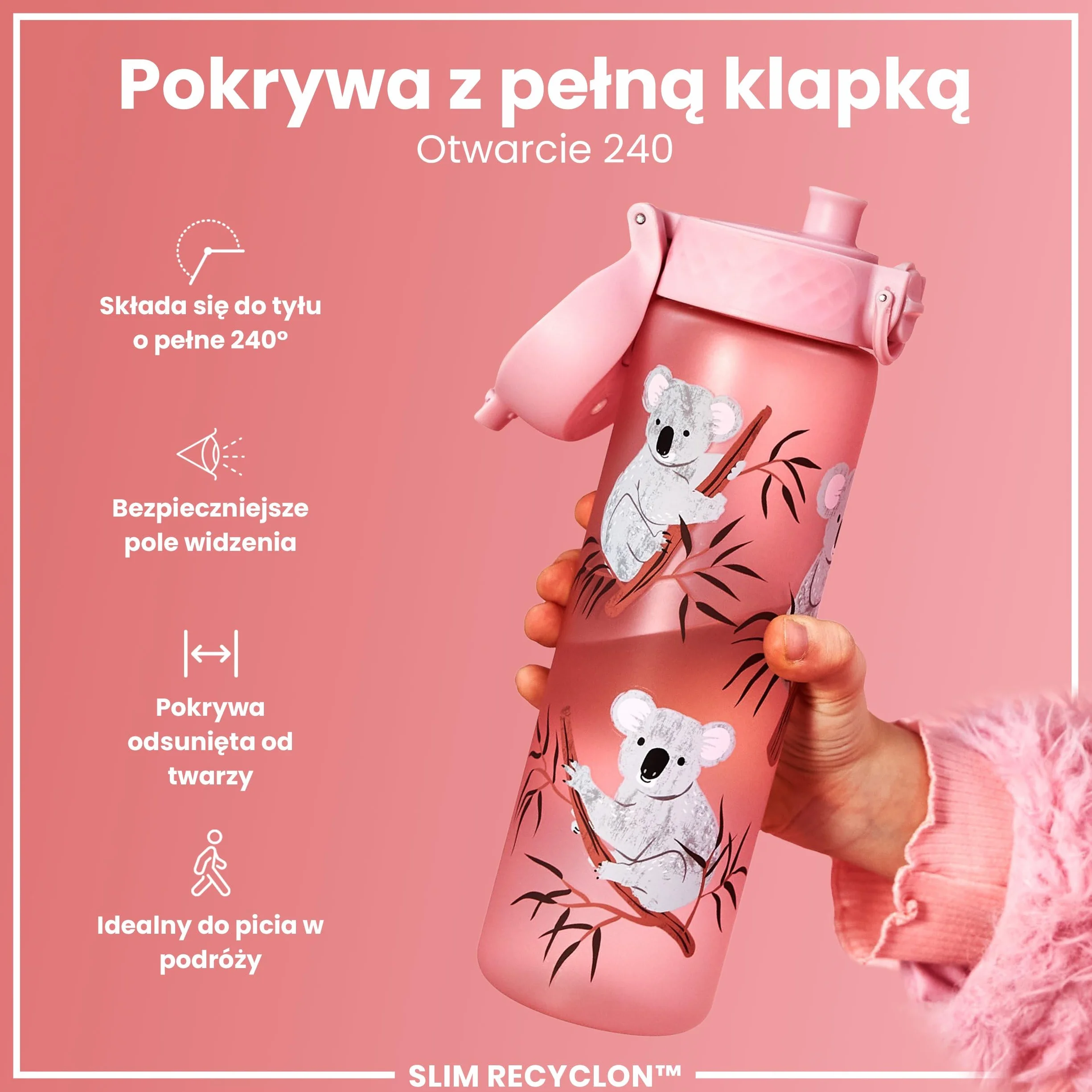 ION8 Butelka na Wodę, 500 ml/18 oz, Szczelna, Łatwe Otwieranie, Bezpieczny Zamek, Można Myć w Zmywarce, Bez BPA, Higieniczne Pokrycie, Uchwyt do Przenoszenia, Łatwa Czyszczenie, Bezwonny, Koale