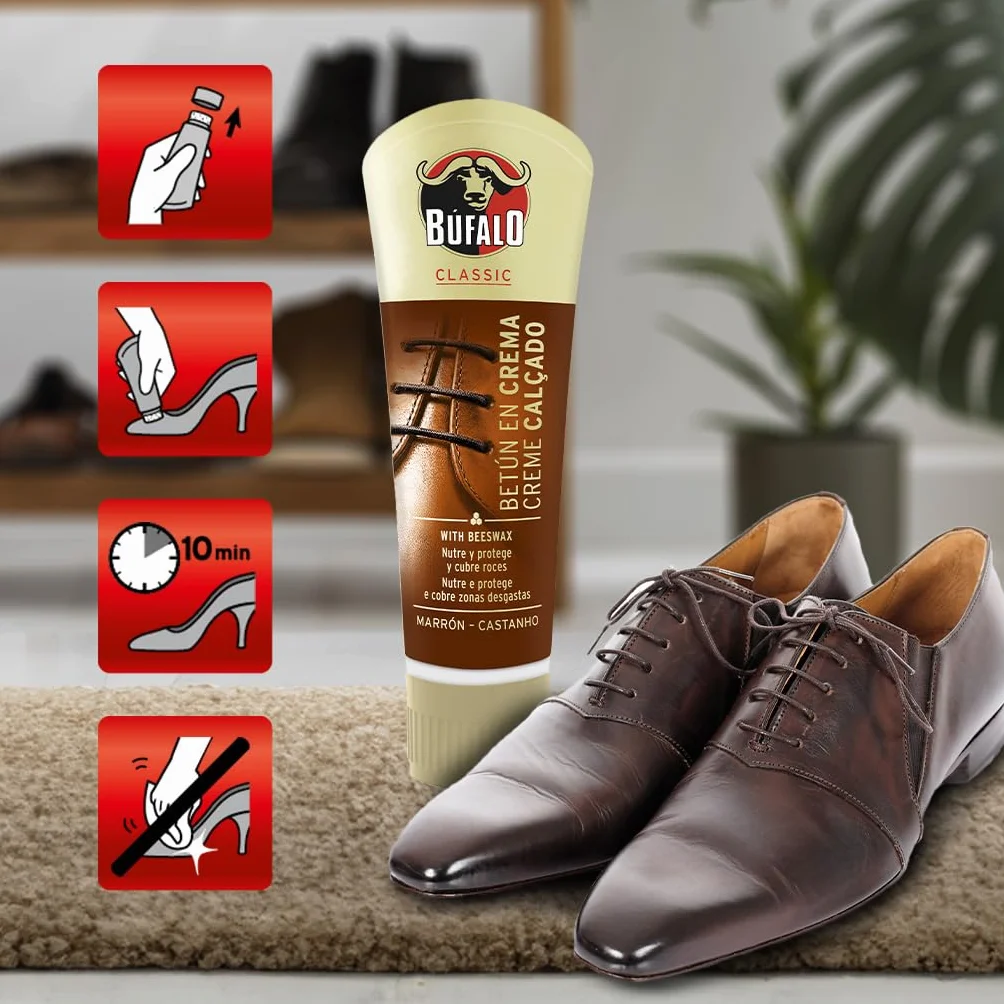 Buffalo Classic - Bitum w kremie do butów, pielęgnacja obuwia, kremowy kolor brązowy, który odżywia, chroni i daje połysk, optymalny dla gładkiej skóry - 50 ml tuba