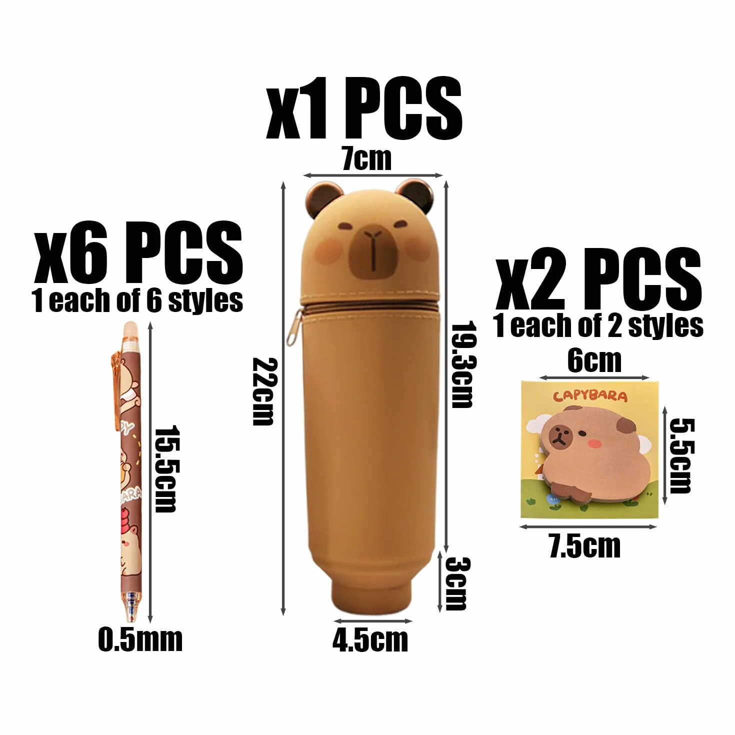 1 x silikonowy ołówek Capybara, 6 długopisów, 2 sztuki notatek, urocze zwierzęta z kreskówki, kreatywny zestaw przyborów piśmienniczych.