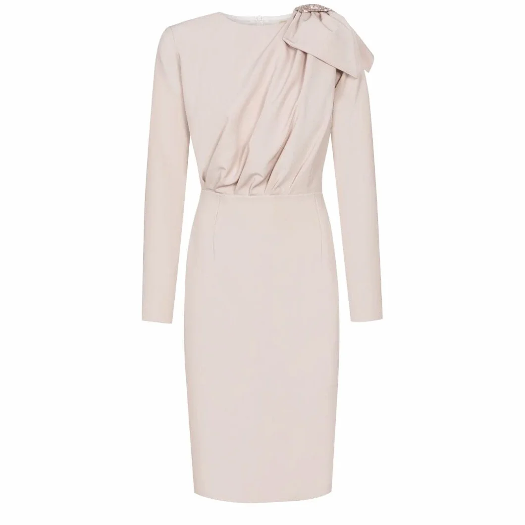 1069 - Size XL, Beige Elegancka damska sukienka ołówkowa, sukienka biznesowa, odświętna, na imprezę, koktajlowa, vintage, długość do kolan, długi rękaw, beżowa, rozmiar XL, beżowy, XL
