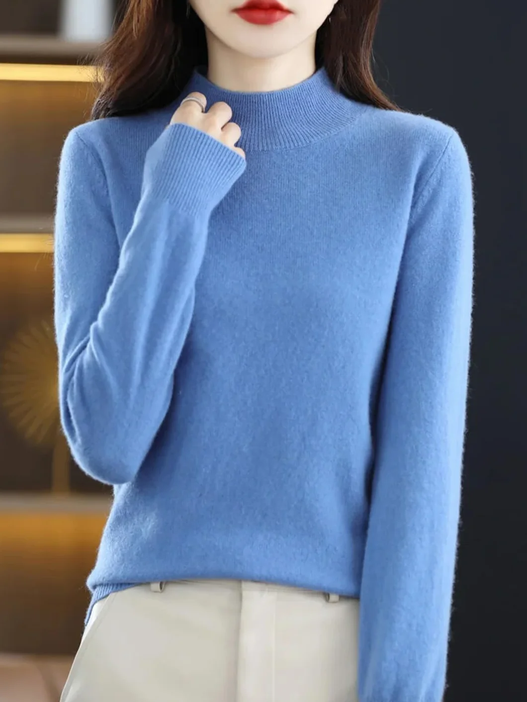 Jesień Zima Damski Podstawowy Sweter Mock Neck Sweter Wełna Merino Długi Rękaw Solidny Kaszmir Dzianinowe Ubrania