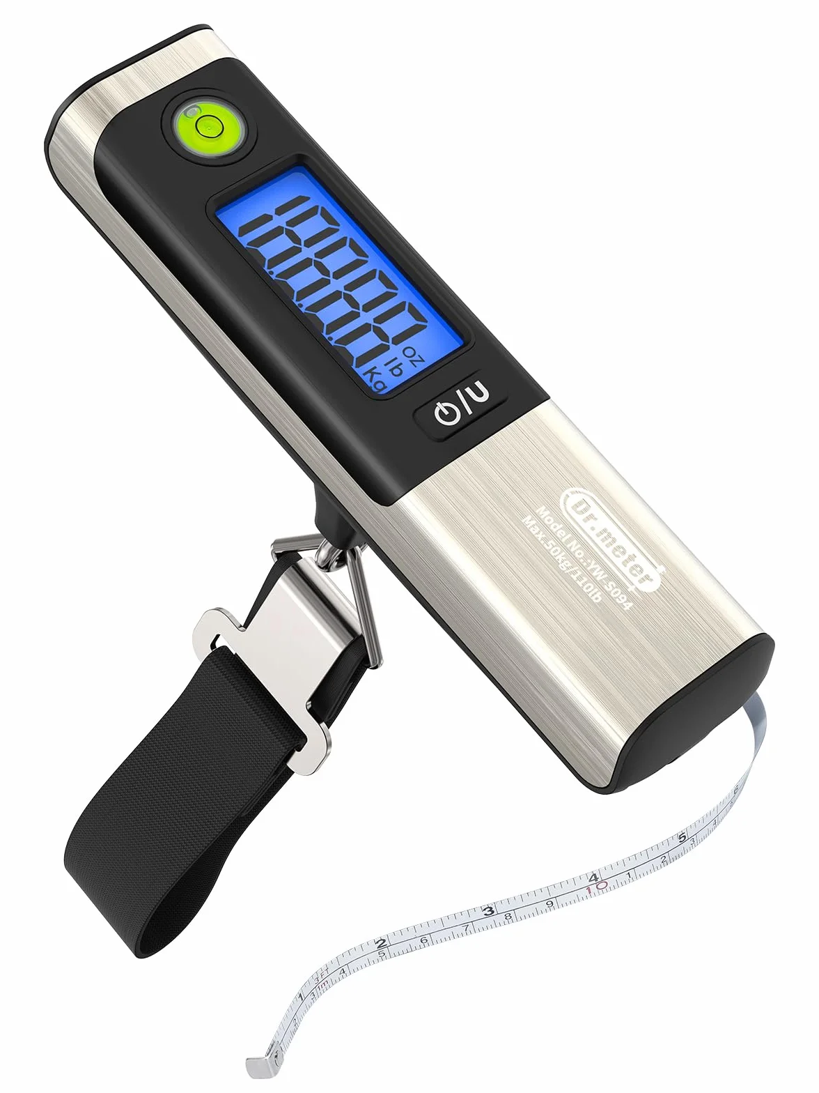 Dr.meter Waga podróżna z taśmą mierniczą, praktyczna cyfrowa waga bagażowa z hakiem (50 kg/110 lb) z wyświetlaczem LCD i ramieniem przeciążeniowym. Zintegrowana taśma miernicza do podróży wraz z