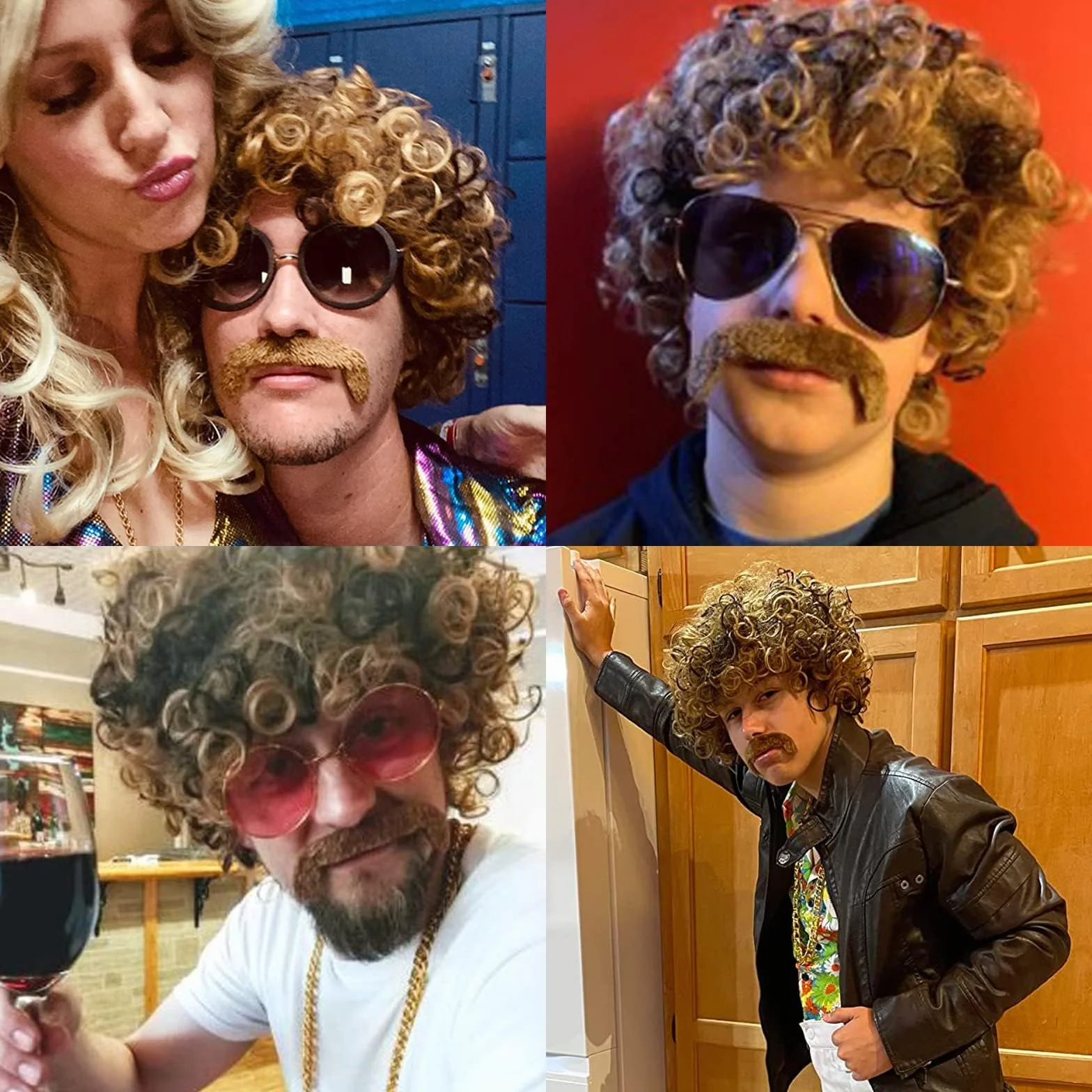 5-częściowy zestaw męskich peruk, w stylu lat 70., Disco Dude Dirt Bag, naszyjnik, wąsy, krótkie loki afro, peruka shaggy, dla mężczyzn, na karnawał, Halloween, imprezę
