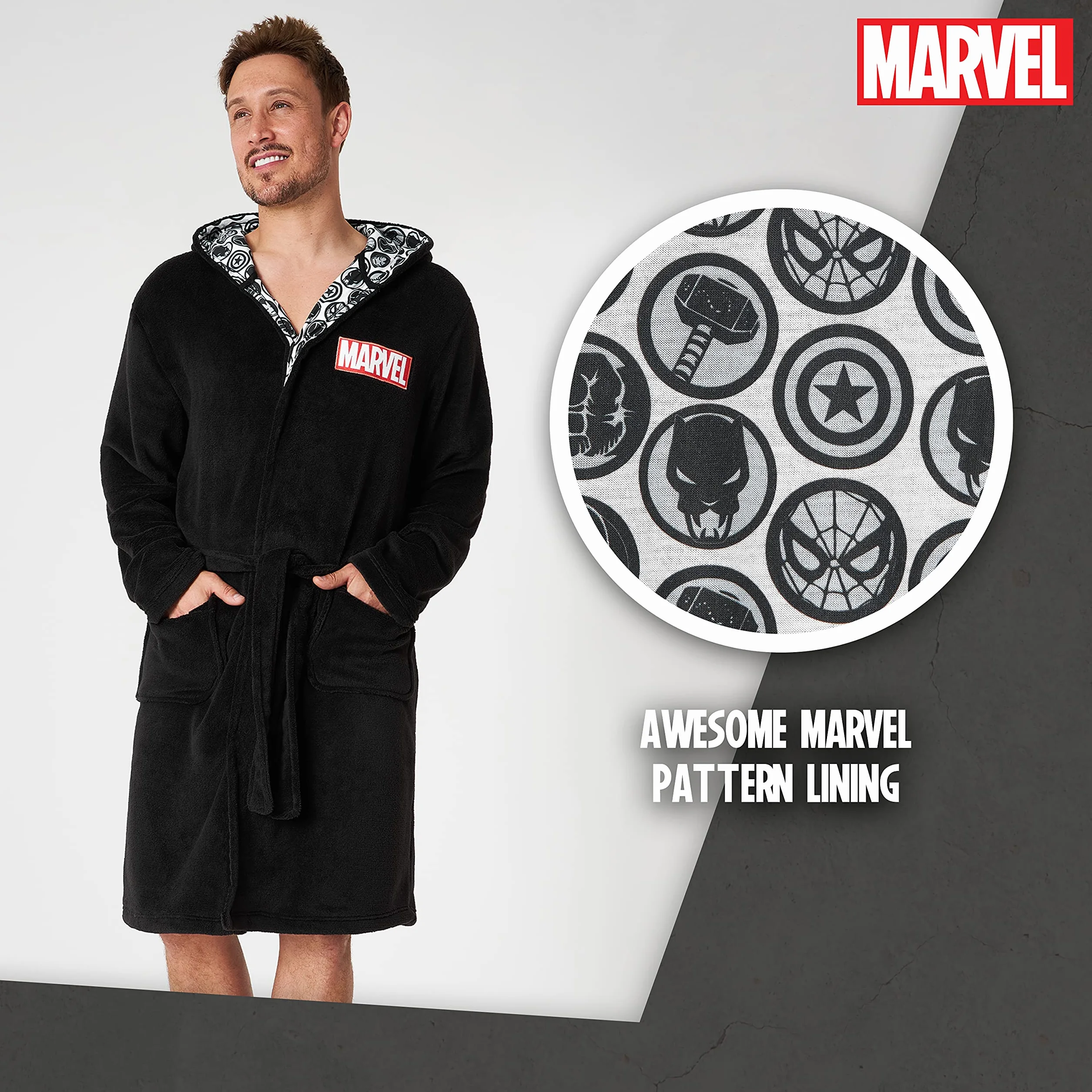 Marvel Szlafrok męski, puszysty, polarowy szlafrok poranny z kapturem