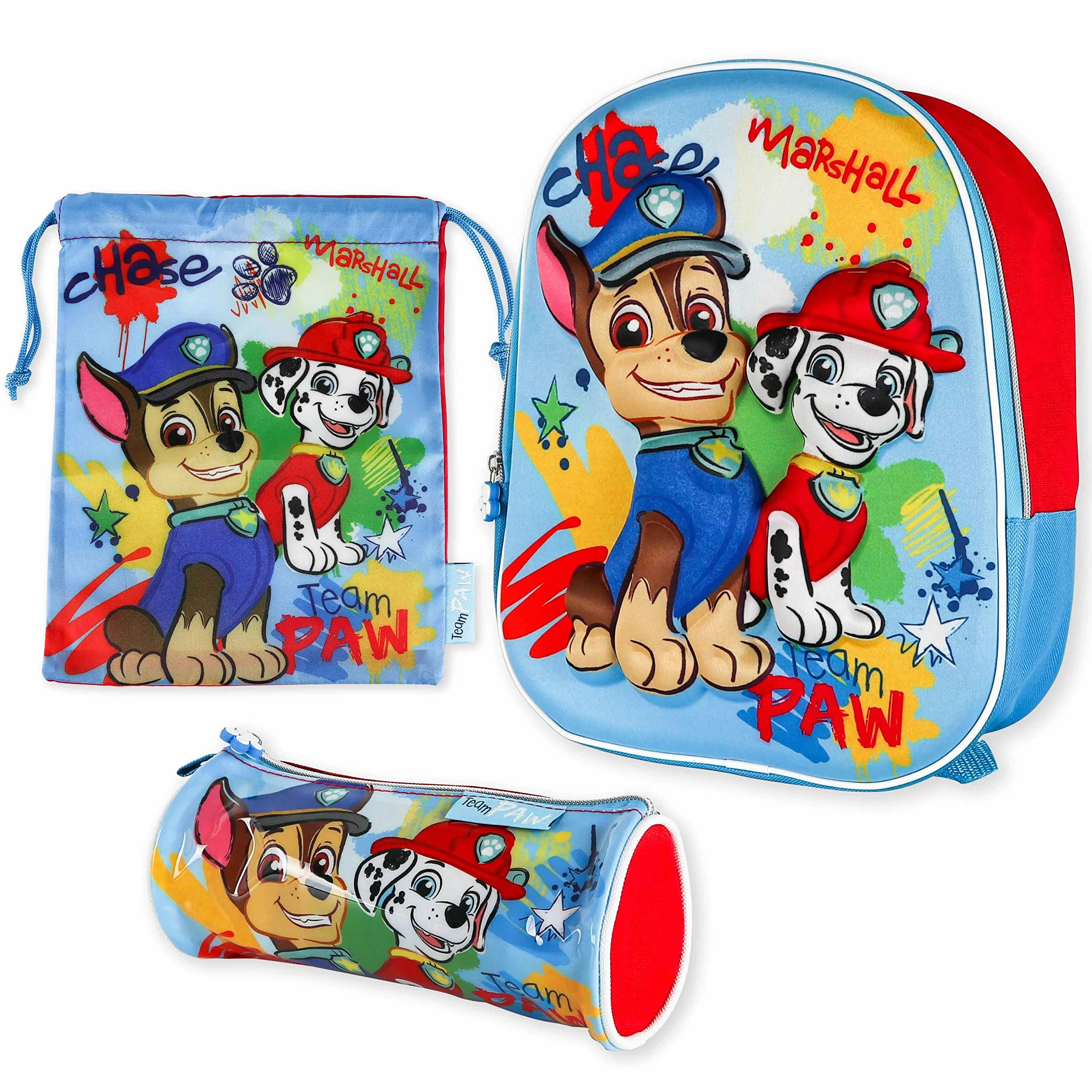 Tornister szkolny 3D, torba ze sznurkiem, piórnik - Paw Patrol | Tornister dla chłopców i dziewczynek od 3 lat | Tornister z plecakiem, torbą na lunch, piórnikiem | Powrót do szkoły z Paw Patrol
