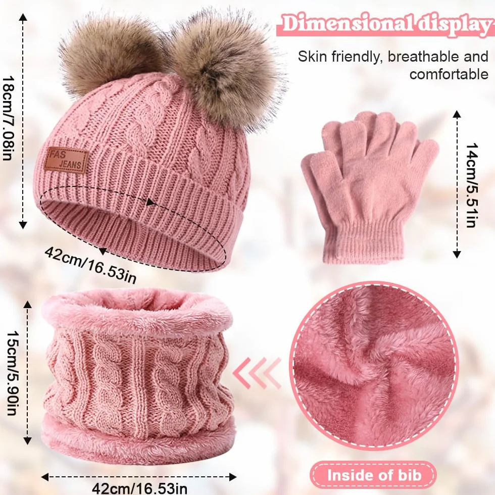 Mineup Dziecięca czapka zimowa 3 w 1, zestaw rękawiczek, ciepła zimowa czapka z dzianiny, czapka dziecięca, czapka beanie, szalik, rękawiczki z dzianinową czapką dla dziewczynek w wieku 1-5 lat