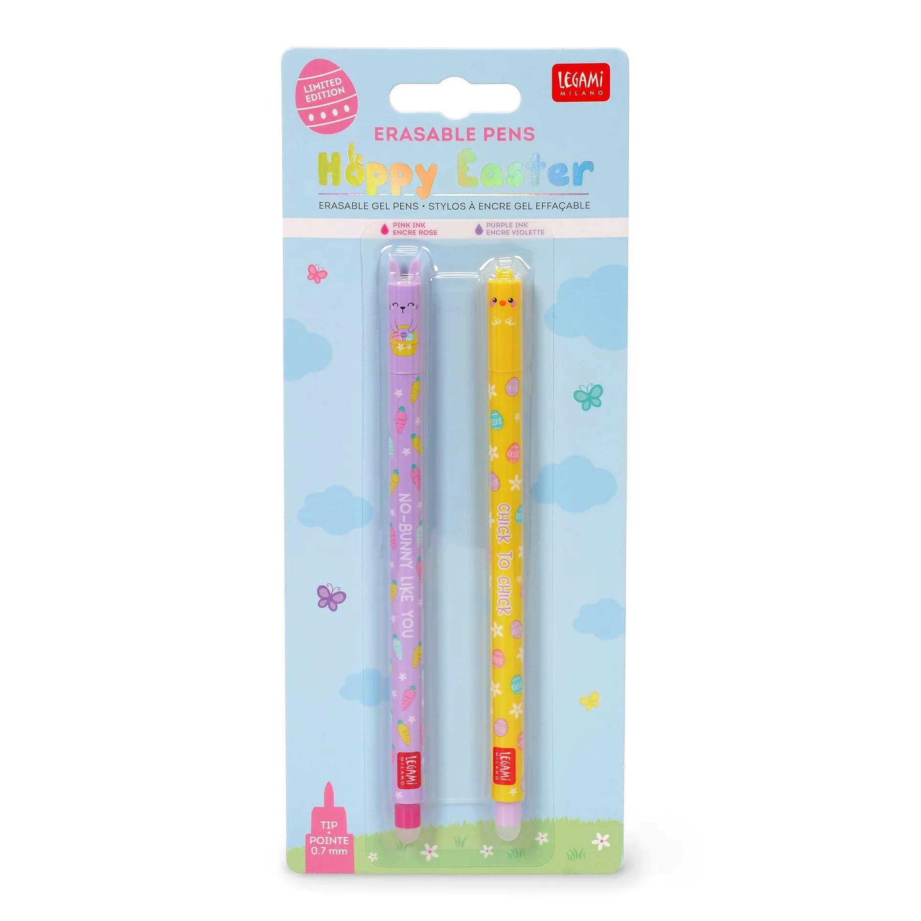 Legami Zestaw 2 ścieralnych długopisów żelowych, Easter Edition, termoczuły wymazywalny atrament, różowy, fioletowy, usuwany długopis, wymazywalny bez arkusza, końcówka 0,7 mm