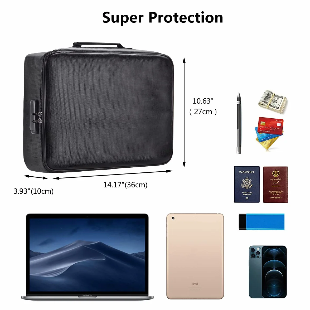 ruboka Fireproof Document Bag,Fireproof 3-Layer Box with Lock,Document Safe Portable Travel Home Bag for Laptop,Files,Certificates,Gifts for Him,Black