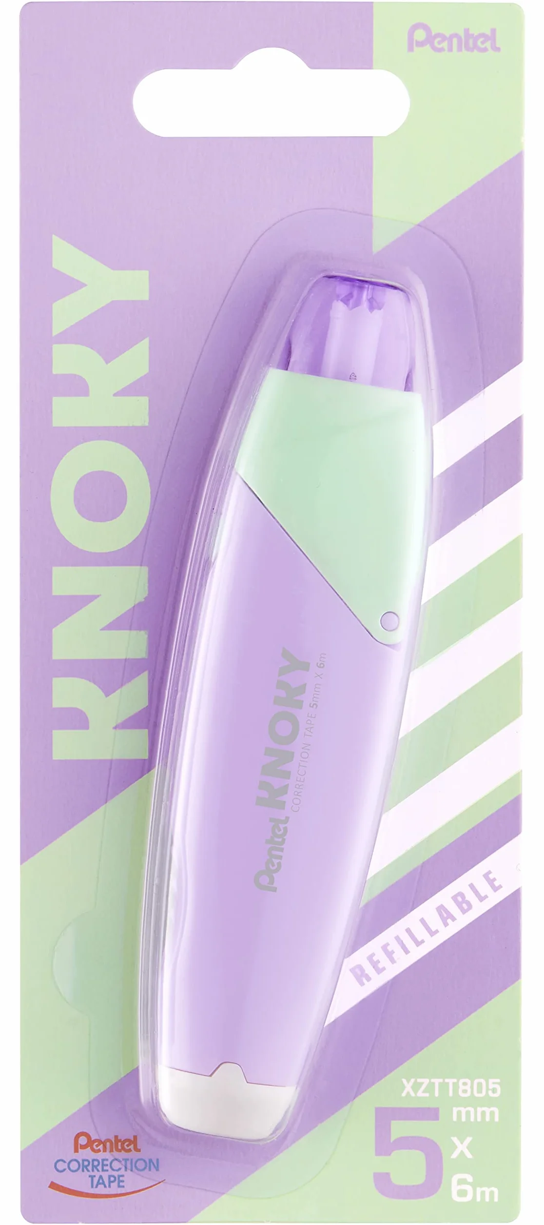 Pentel XZTT805V-WY Knoky taśma korekcyjna z mechanizmem naciskowym, ergonomiczny kształt, do wielokrotnego napełniania, długość 6 m, szerokość 5 mm, kolor koperty fioletowy, 1 sztuka w blistrze