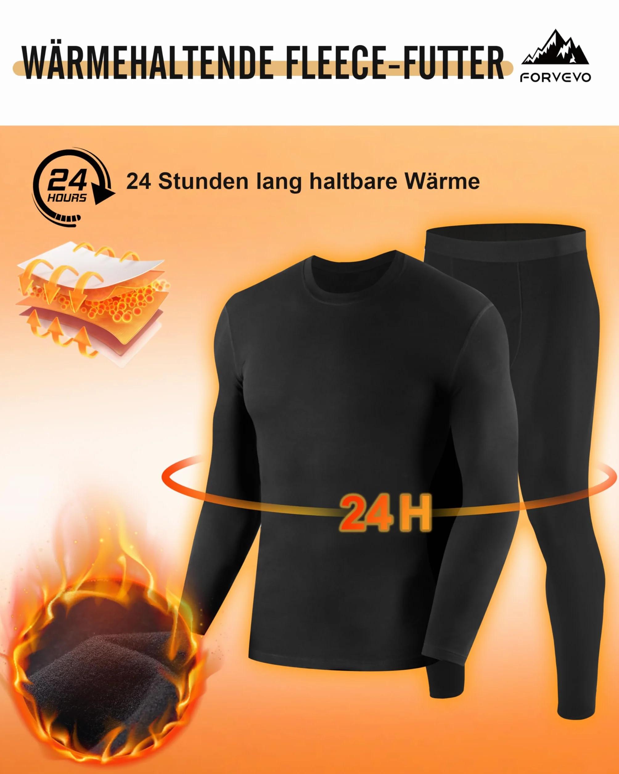 FORVEVO Męska bielizna termiczna, zimowa bielizna narciarska z polarem wewnętrznym, zestaw bielizny termicznej, bielizna funkcyjna, miękka, ciepła bielizna, oddychająca bielizna termiczna (rozmiar